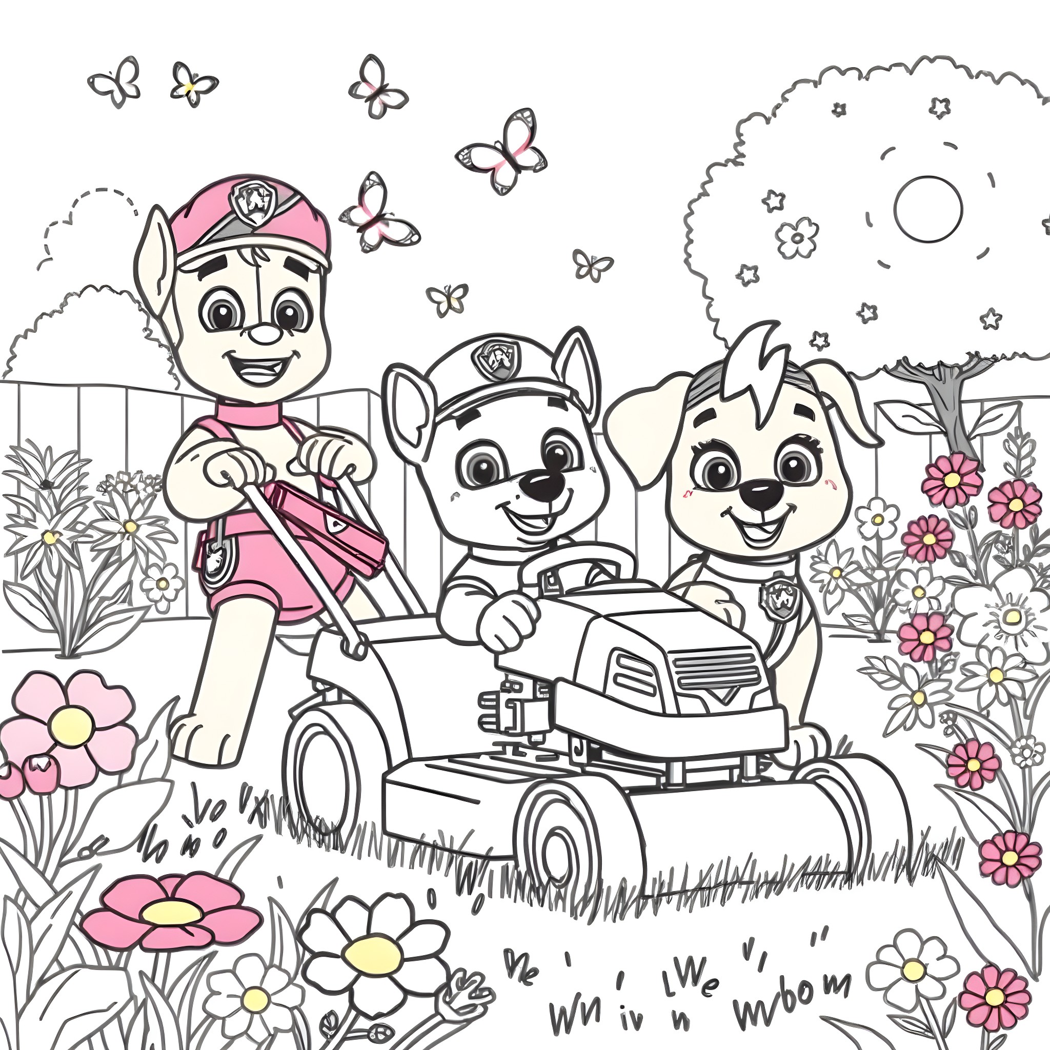 Paw Patrol playing happily in the garden Coloring Page (free black-and-white line drawing printable PDF for all, from beginners to advanced learners, including children, teens, adults, and seniors)