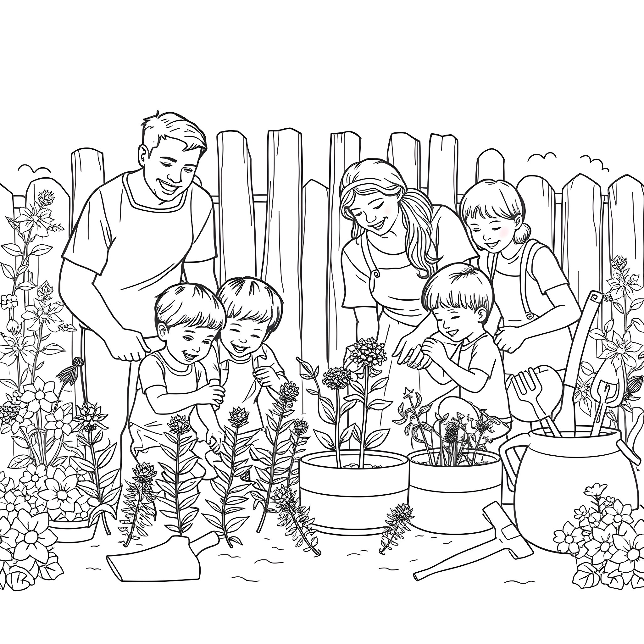 Family gardening together in the backyard Coloring Page (free black-and-white line drawing printable PDF for all, from beginners to advanced learners, including children, teens, adults, and seniors)