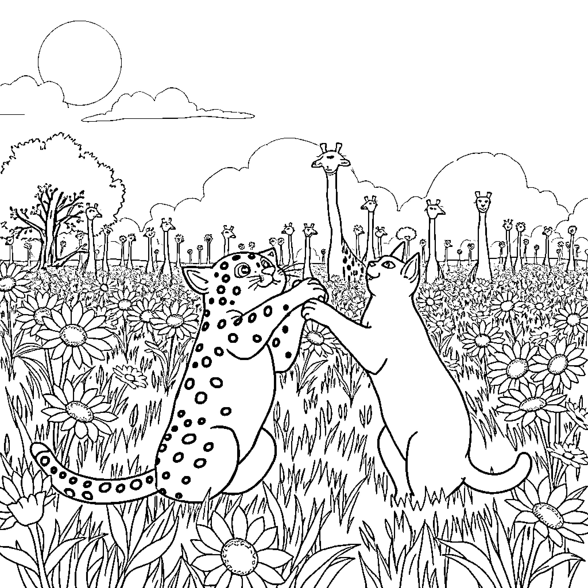 Dog and Cat Enjoying Nature Together Coloring Page (free black-and-white line drawing printable PDF for all, from beginners to advanced learners, including children, teens, adults, and seniors)