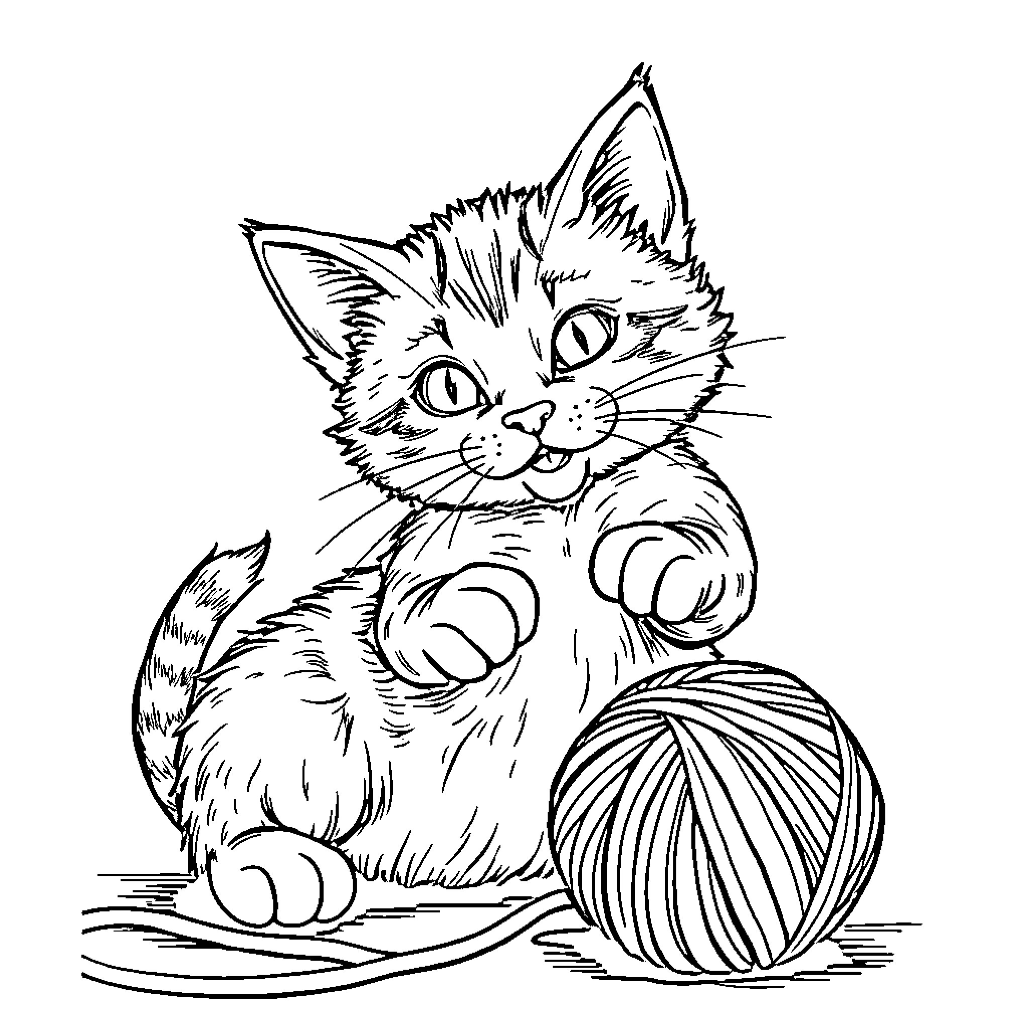 Cat playing with ball of yarn Coloring Page (free black-and-white line drawing printable PDF for all, from beginners to advanced learners, including children, teens, adults, and seniors)