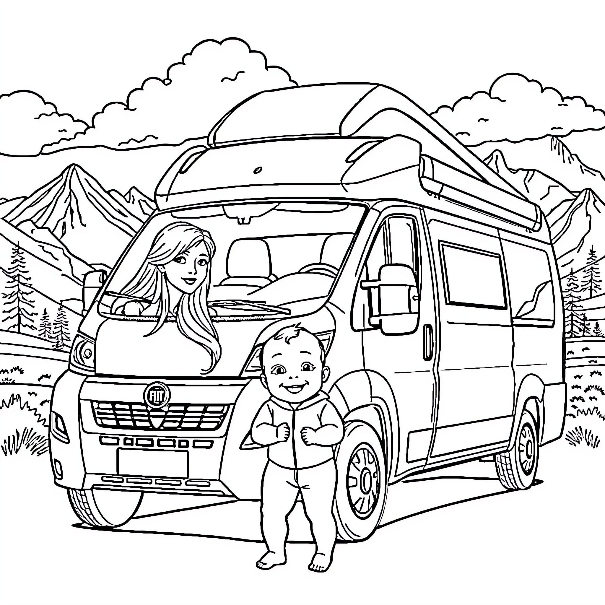 Baby enjoying a family camping trip in the mountains Coloring Page (free black-and-white line drawing printable PDF for all, from beginners to advanced learners, including children, teens, adults, and seniors)