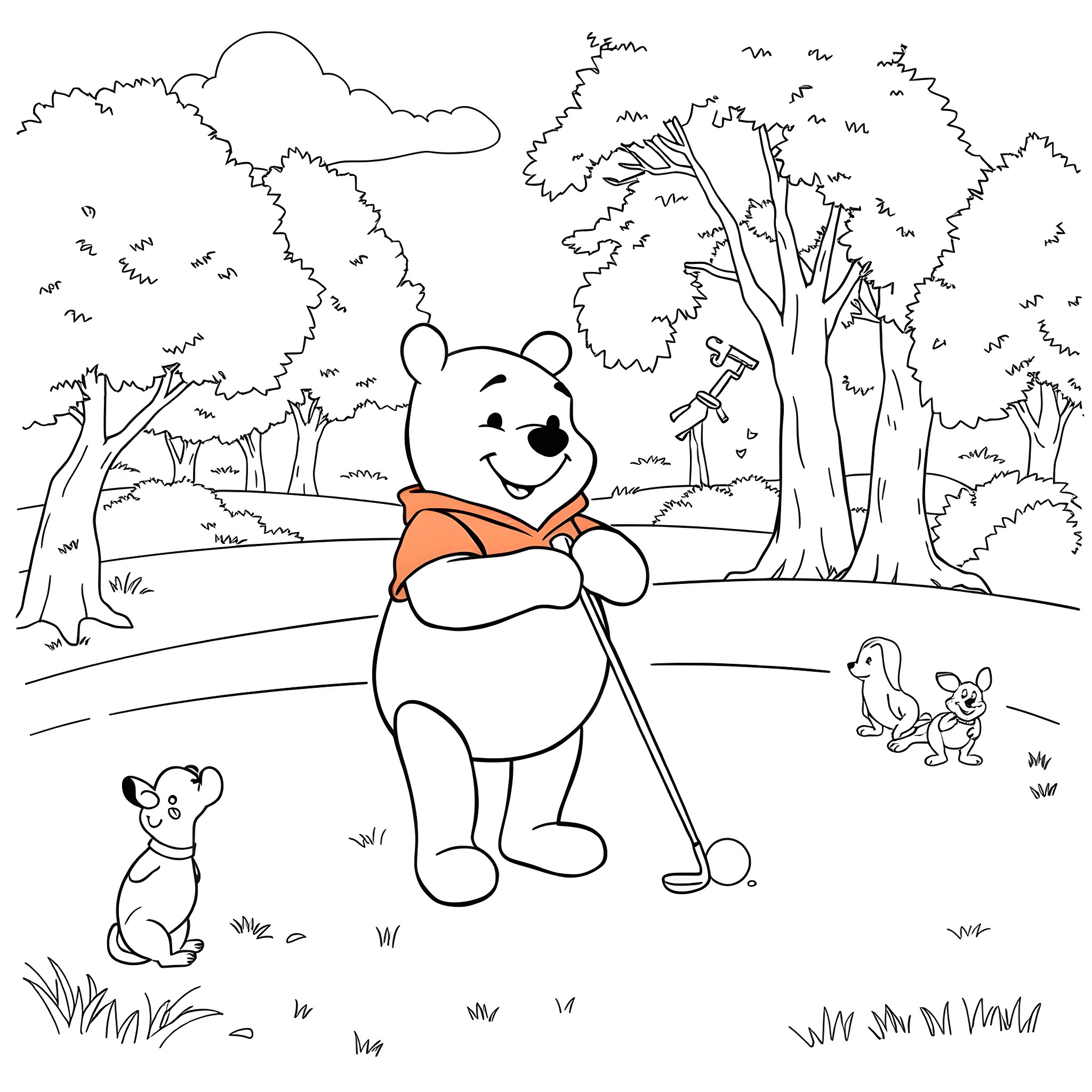 Winnie The Pooh enjoying a walk in the forest Coloring Page (free black-and-white line drawing printable PDF for all, from beginners to advanced learners, including children, teens, adults, and seniors)