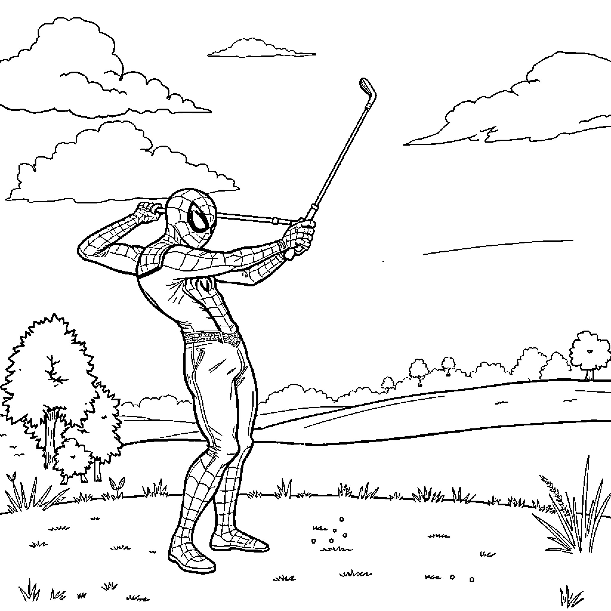 Spiderman saving the day in the countryside Coloring Page (free black-and-white line drawing printable PDF for all, from beginners to advanced learners, including children, teens, adults, and seniors)