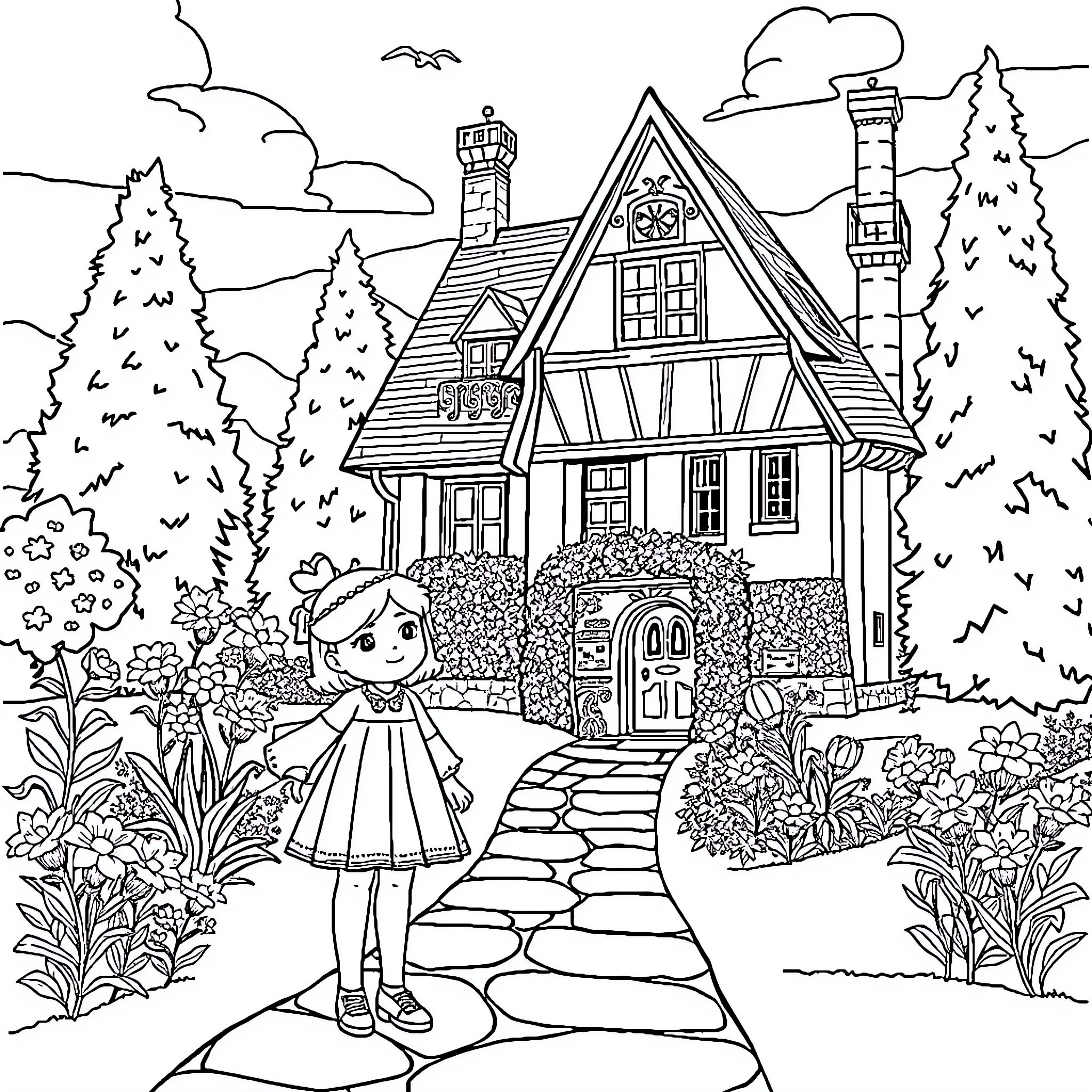 Gabby's Enchanting Cottage Adventure Coloring Page (free black-and-white line drawing printable PDF for all, from beginners to advanced learners, including children, teens, adults, and seniors)