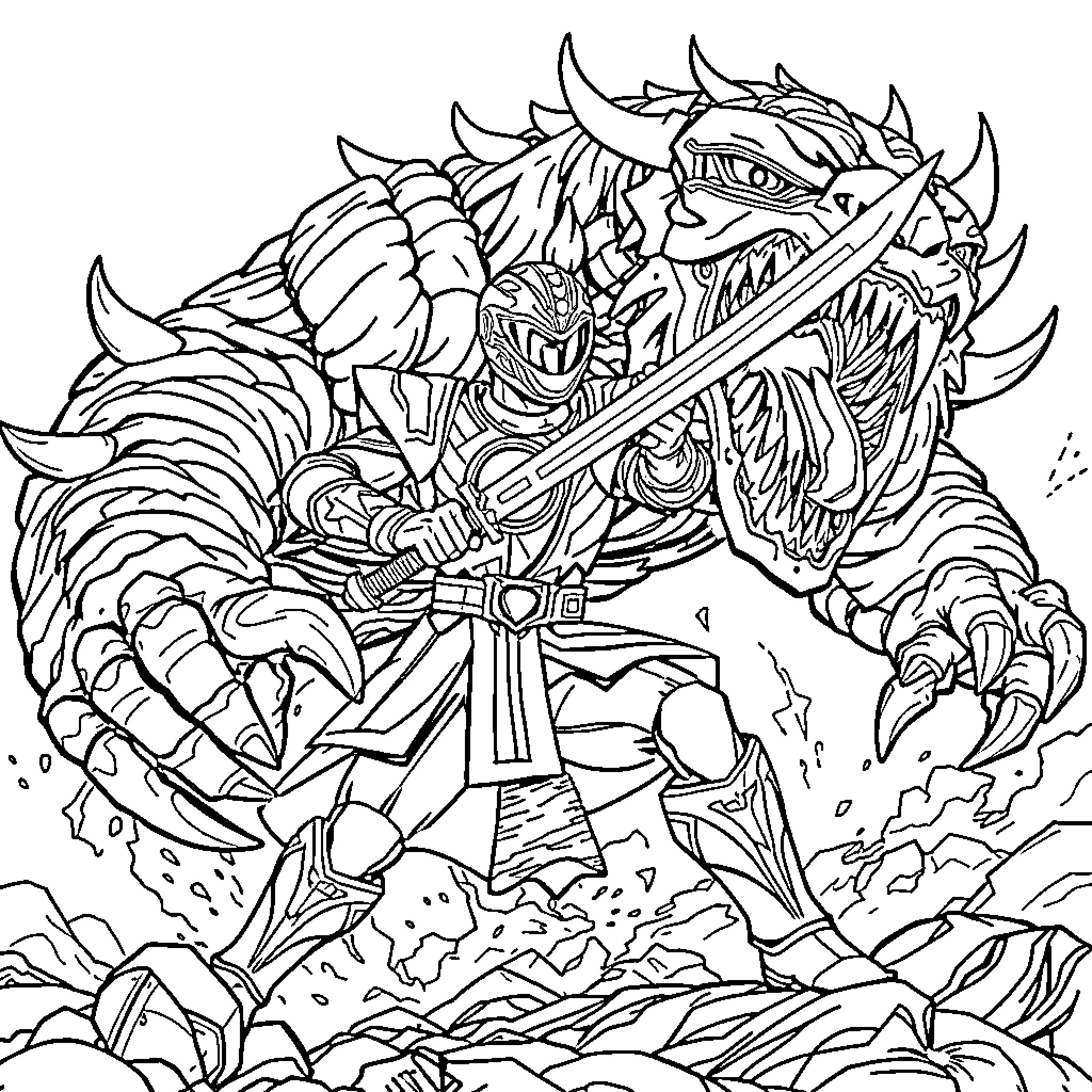 Power Ranger Warrior Battles Fierce Dragon Monster Coloring Page (free black-and-white line drawing printable PDF for all, from beginners to advanced learners, including children, teens, adults, and seniors)