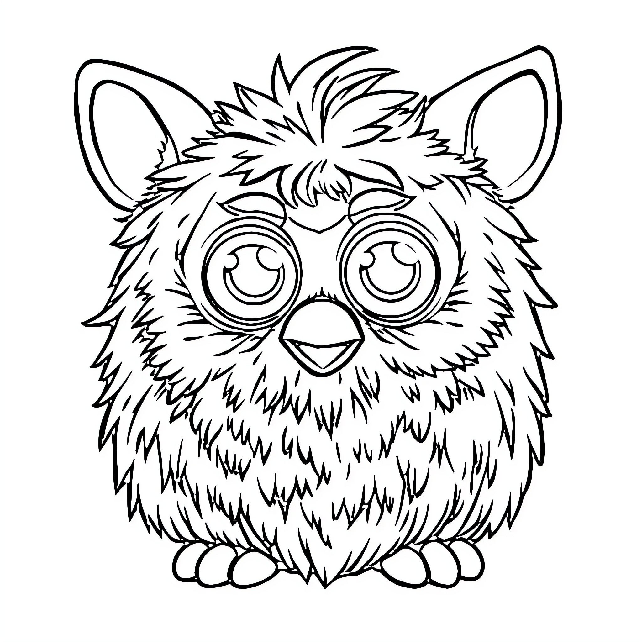 Furby with large expressive eyes and fuzzy appearance Coloring Page (free black-and-white line drawing printable PDF for all, from beginners to advanced learners, including children, teens, adults, and seniors)