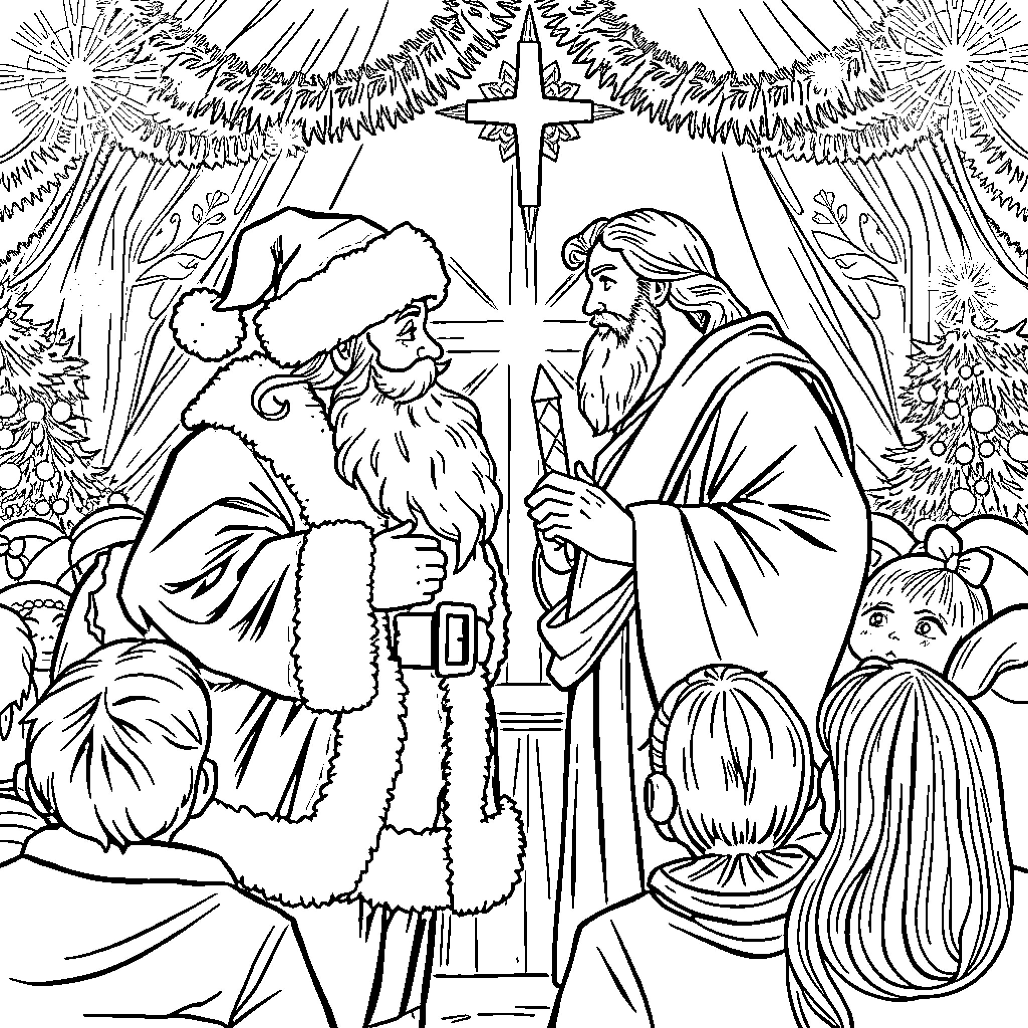 Santa Claus visiting Jesus Christ during the holidays Coloring Page (free black-and-white line drawing printable PDF for all, from beginners to advanced learners, including children, teens, adults, and seniors)