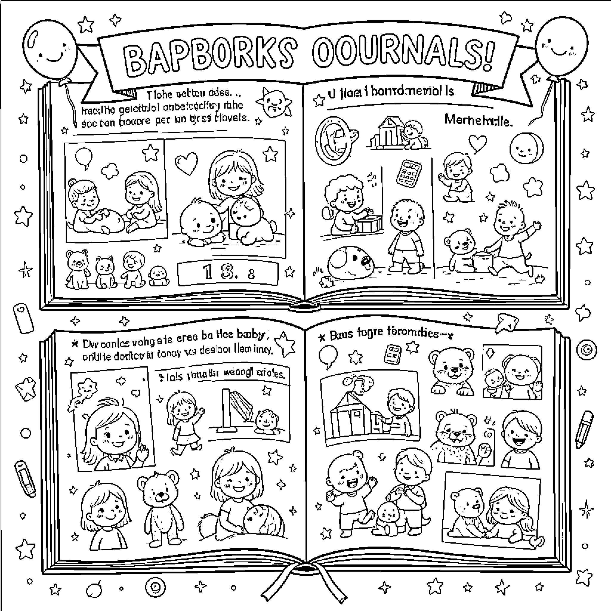 Baby Journal with cute characters and happy expressions Coloring Page (free black-and-white line drawing printable PDF for all, from beginners to advanced learners, including children, teens, adults, and seniors)