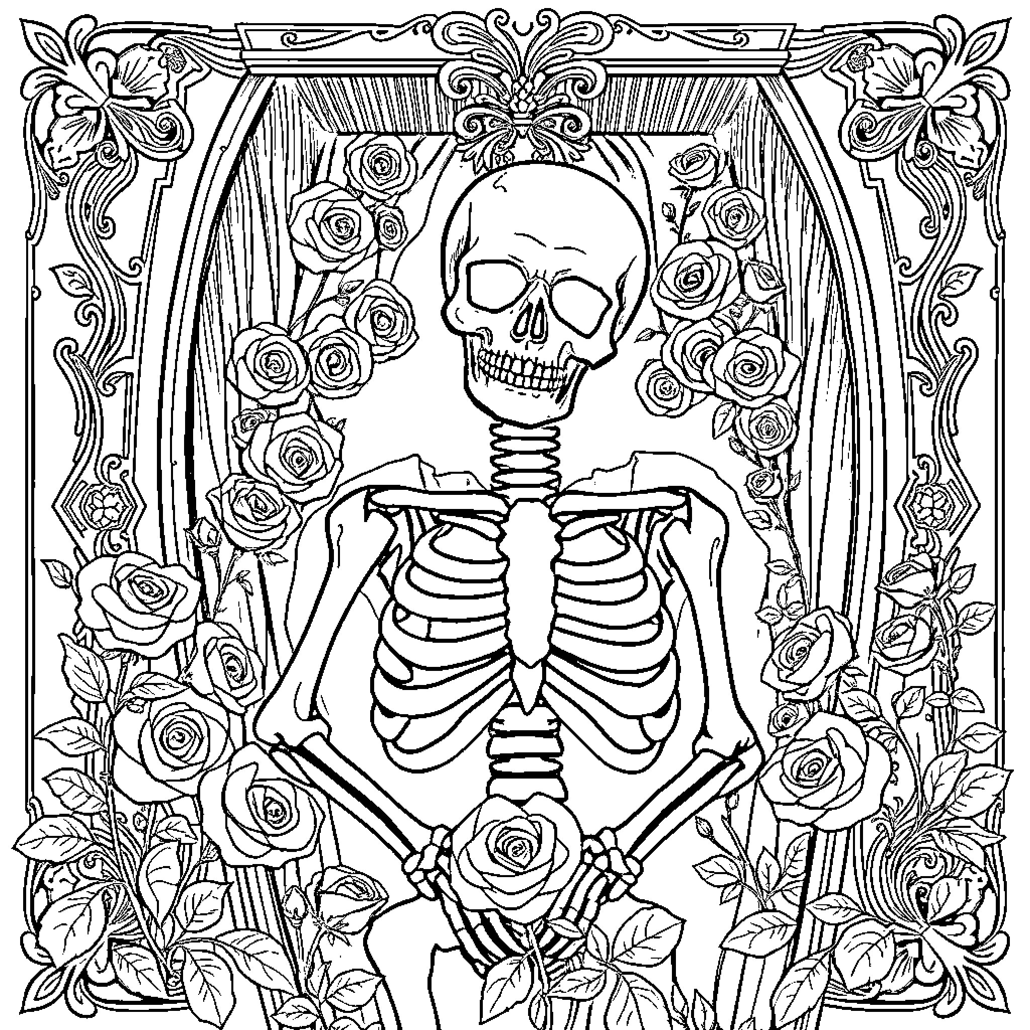 Skeleton surrounded by intricate floral frame Coloring Page (free black-and-white line drawing printable PDF for all, from beginners to advanced learners, including children, teens, adults, and seniors)