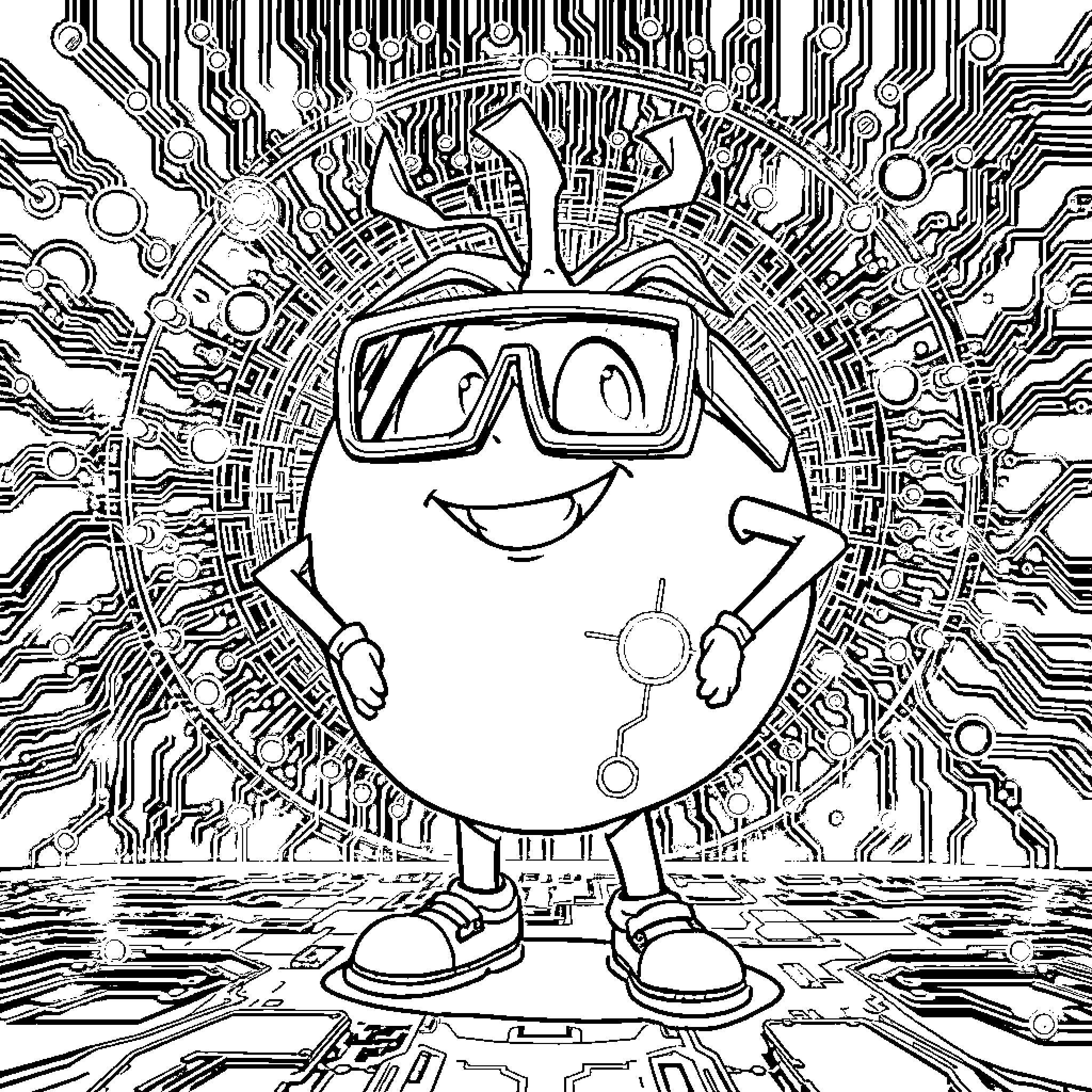Tomato character in a futuristic digital world Coloring Page (free black-and-white line drawing printable PDF for all, from beginners to advanced learners, including children, teens, adults, and seniors)