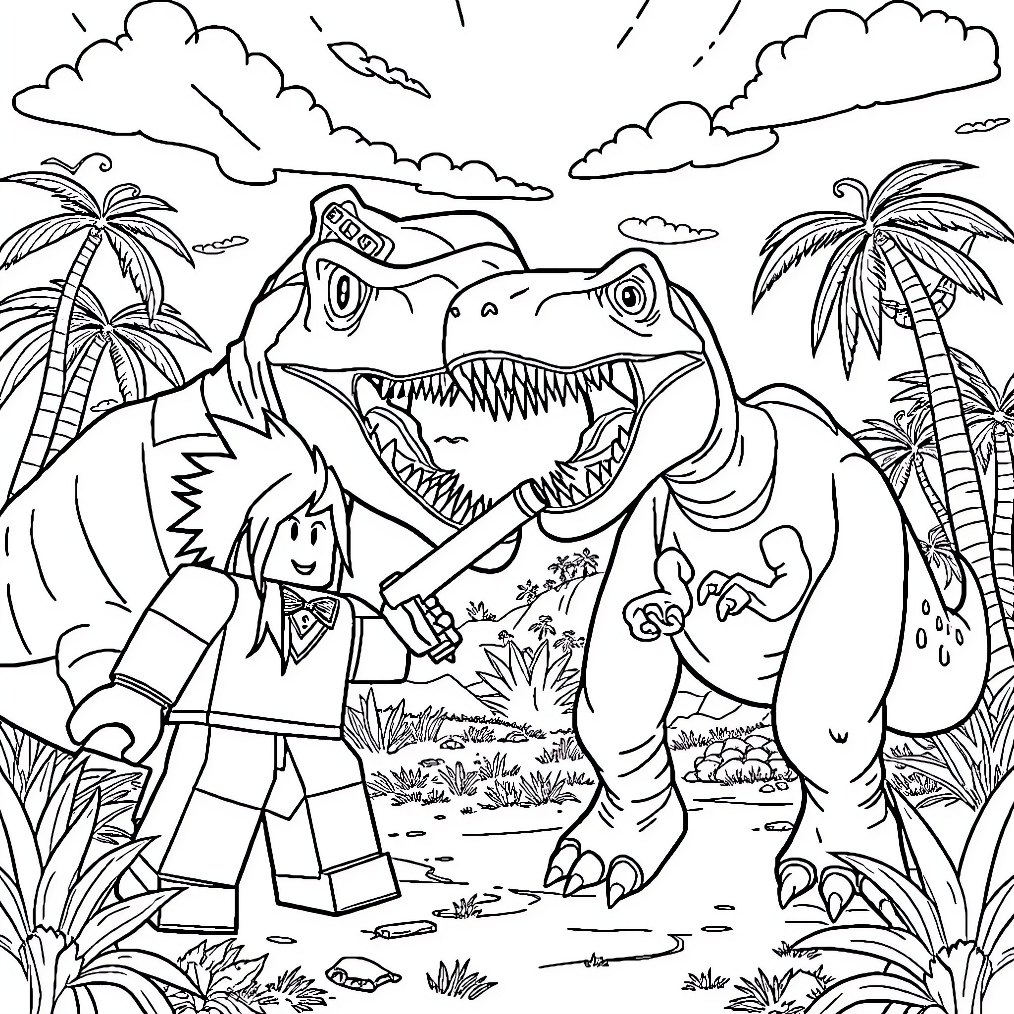 Roblox player exploring the prehistoric jungle with dinosaurs Coloring Page (free black-and-white line drawing printable PDF for all, from beginners to advanced learners, including children, teens, adults, and seniors)