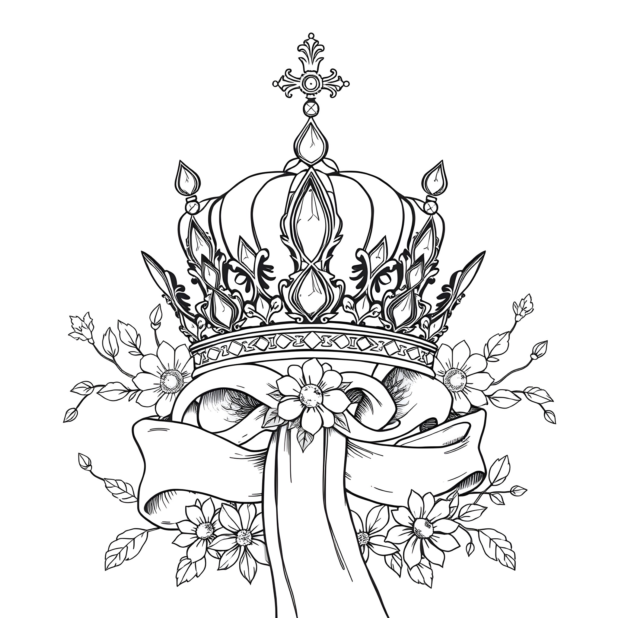 Snow White's Enchanting Crown and Floral Decor Coloring Page (free black-and-white line drawing printable PDF for all, from beginners to advanced learners, including children, teens, adults, and seniors)