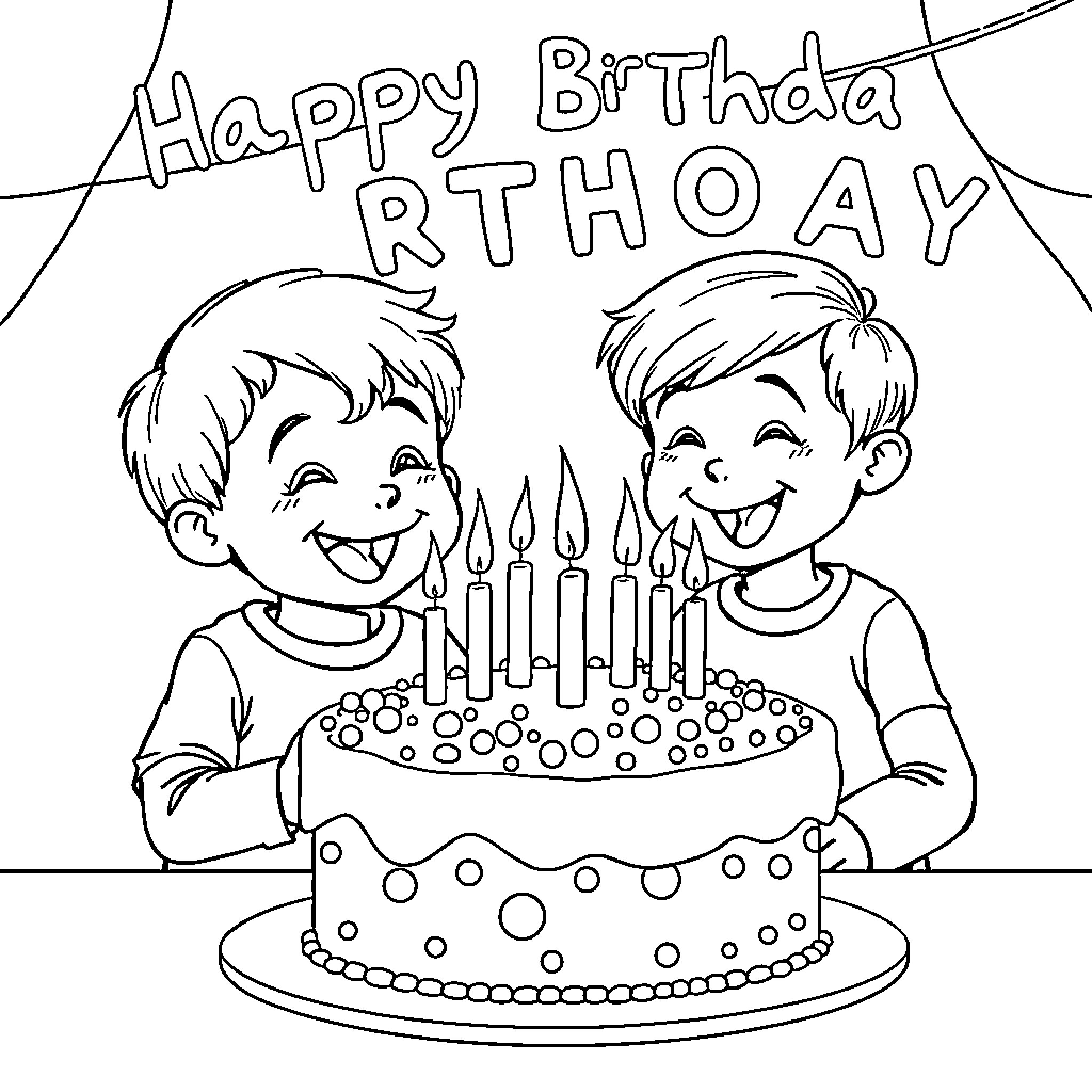 Grandchild celebrating birthday with joyful expressions Coloring Page (free black-and-white line drawing printable PDF for all, from beginners to advanced learners, including children, teens, adults, and seniors)