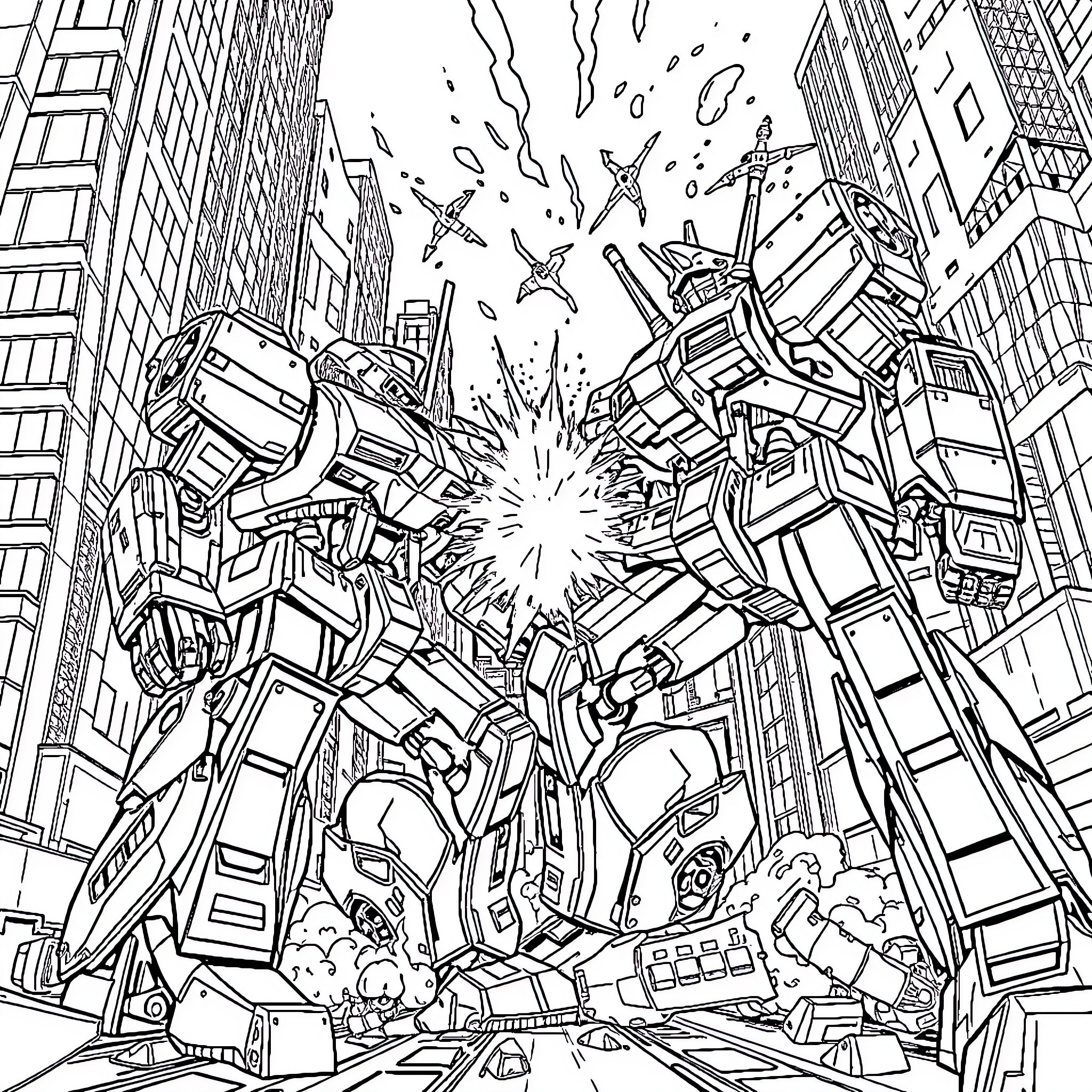 Mech Robots Engaged in Explosive Battle Coloring Page (free black-and-white line drawing printable PDF for all, from beginners to advanced learners, including children, teens, adults, and seniors)