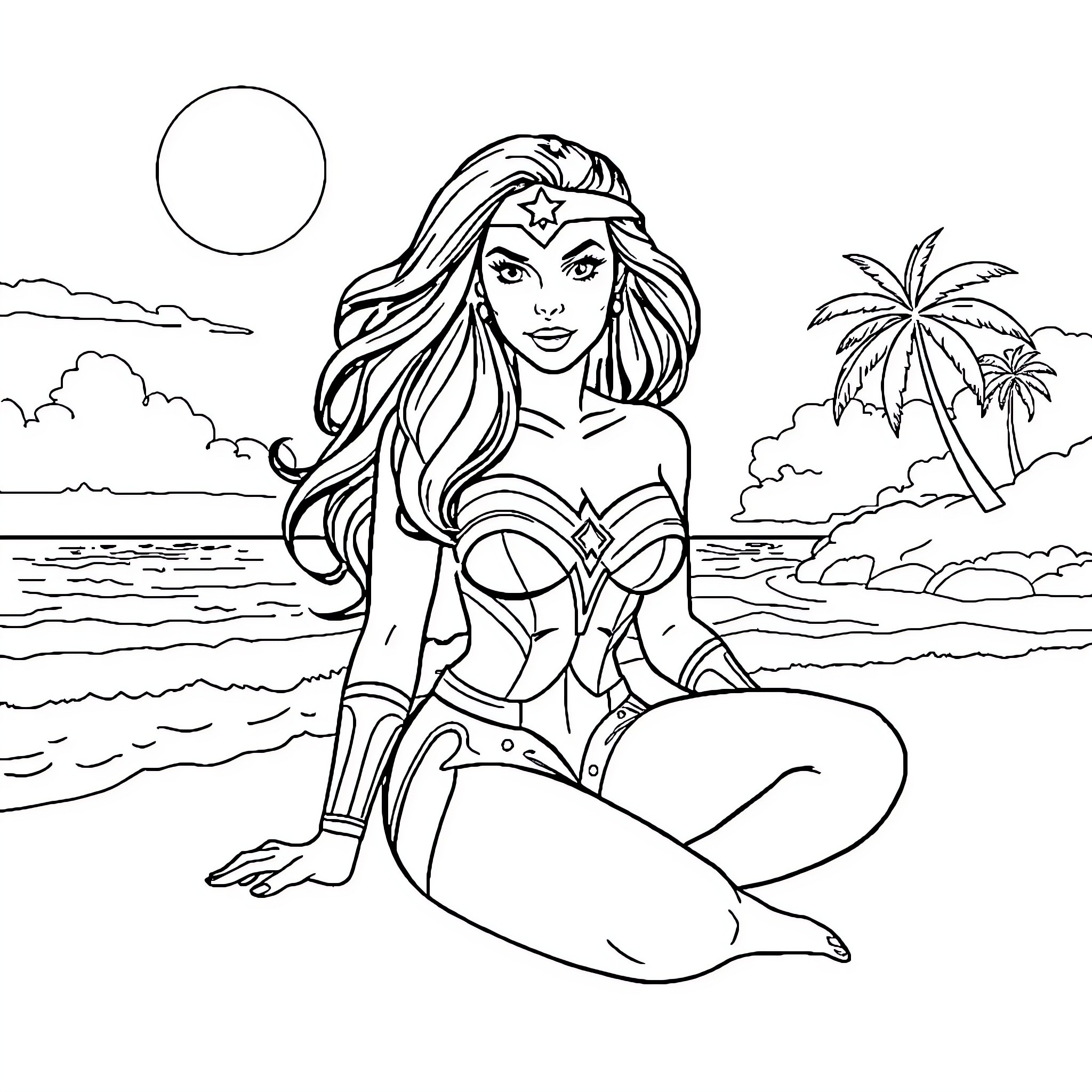 Wonder Woman enjoying a day at the beach Coloring Page (free black-and-white line drawing printable PDF for all, from beginners to advanced learners, including children, teens, adults, and seniors)