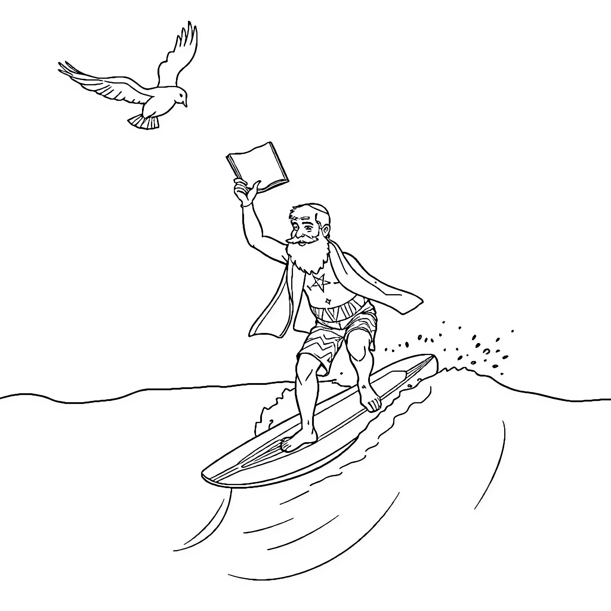 Rabbi Surfing with Seagull in the Waves Coloring Page (free black-and-white line drawing printable PDF for all, from beginners to advanced learners, including children, teens, adults, and seniors)