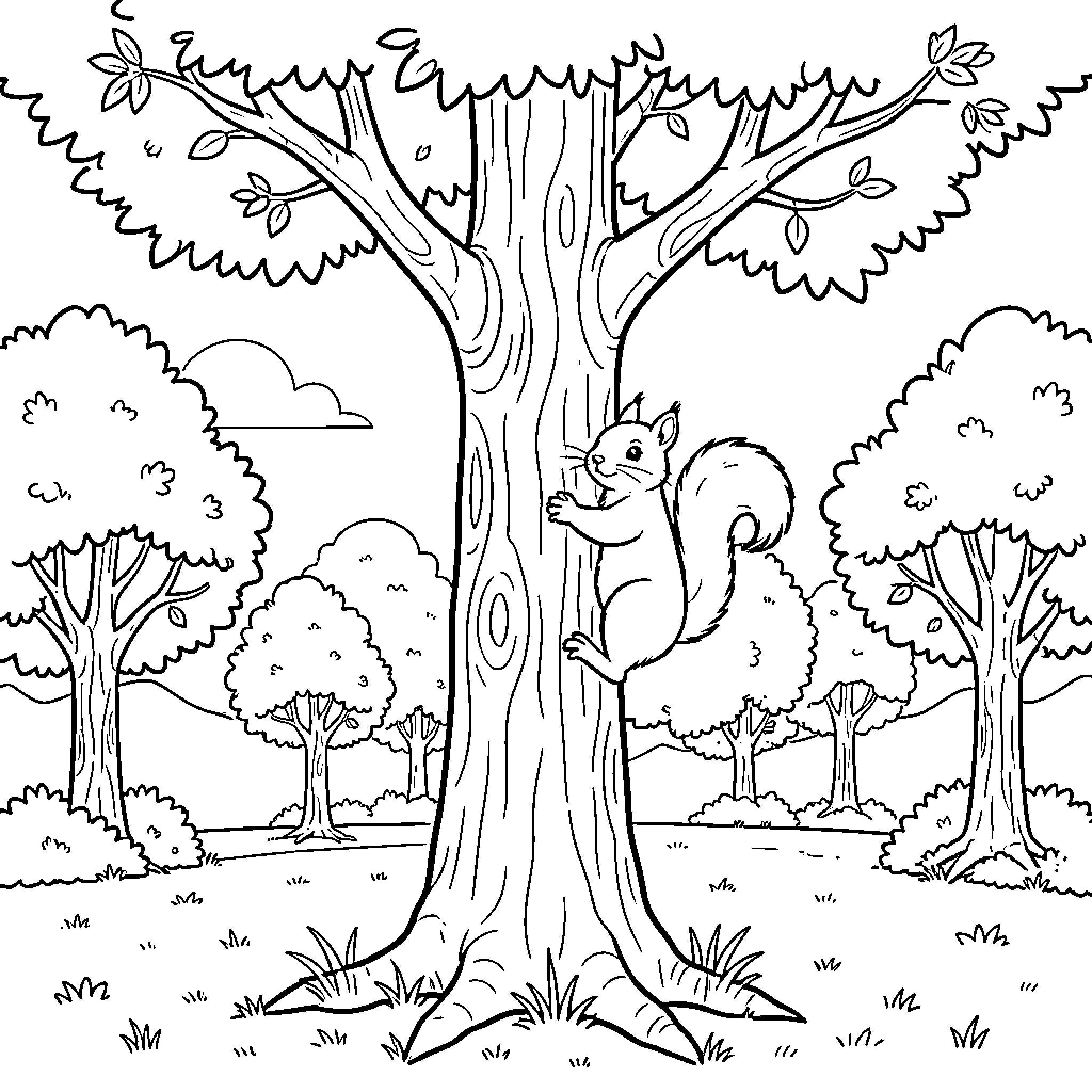 Squirrel climbing up a tree in the forest Coloring Page (free black-and-white line drawing printable PDF for all, from beginners to advanced learners, including children, teens, adults, and seniors)