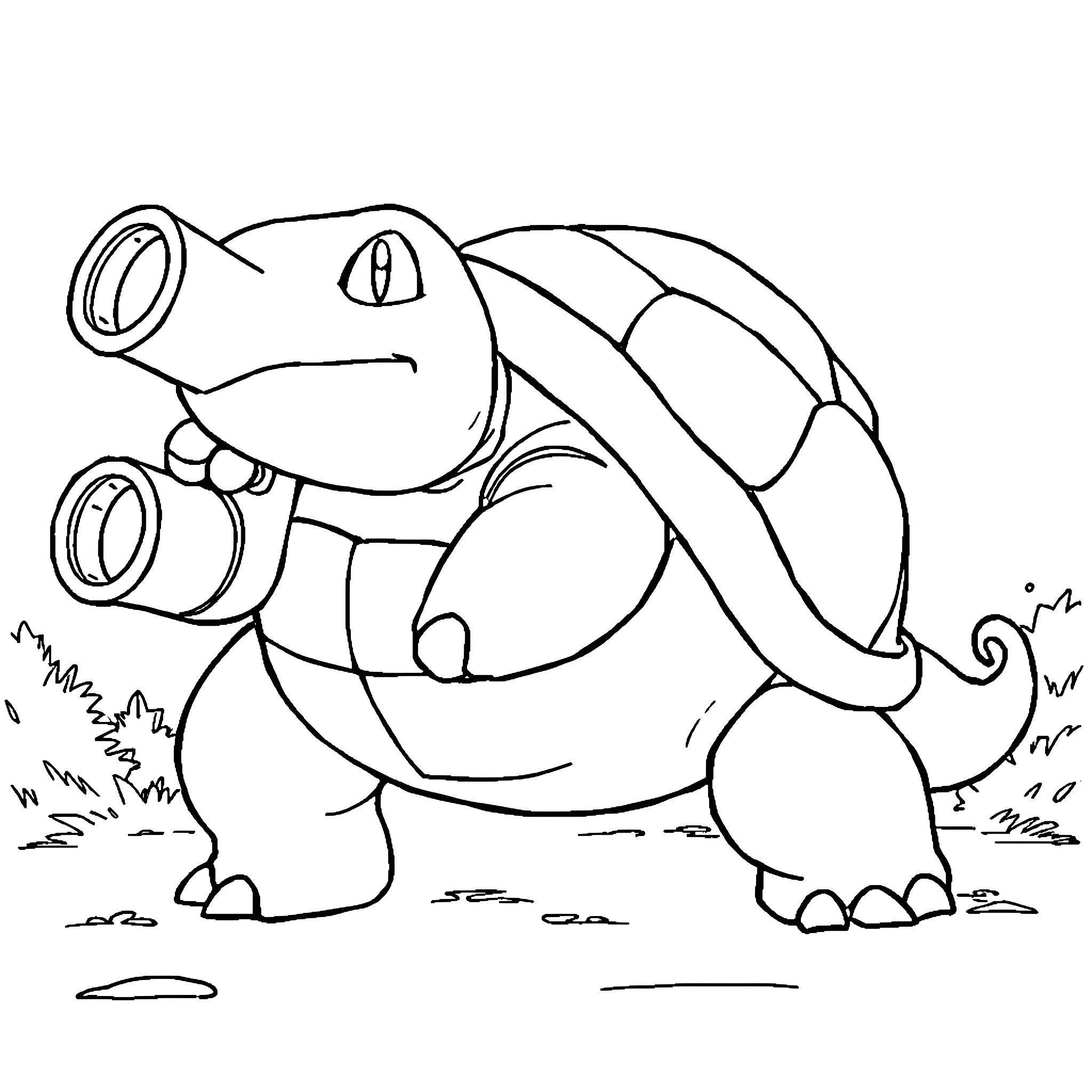 Blastoise in playful stance on grassy field Coloring Page (free black-and-white line drawing printable PDF for all, from beginners to advanced learners, including children, teens, adults, and seniors)