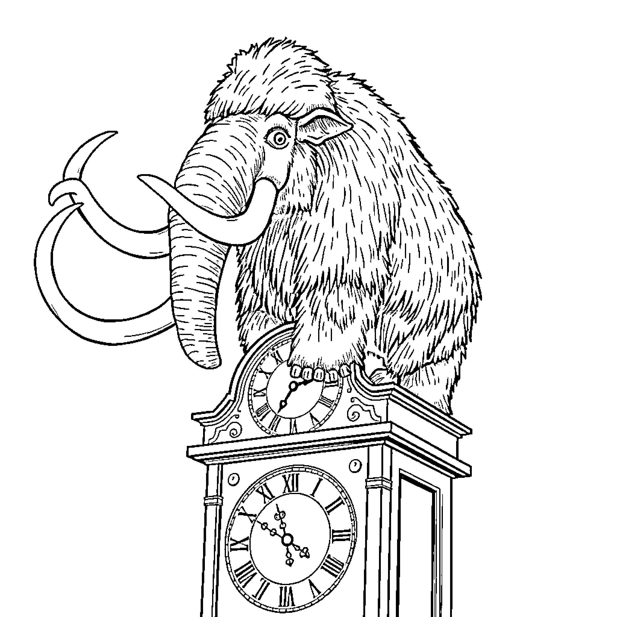 Mammoth Clock Keeper Guarding Timeless Treasures Coloring Page (free black-and-white line drawing printable PDF for all, from beginners to advanced learners, including children, teens, adults, and seniors)