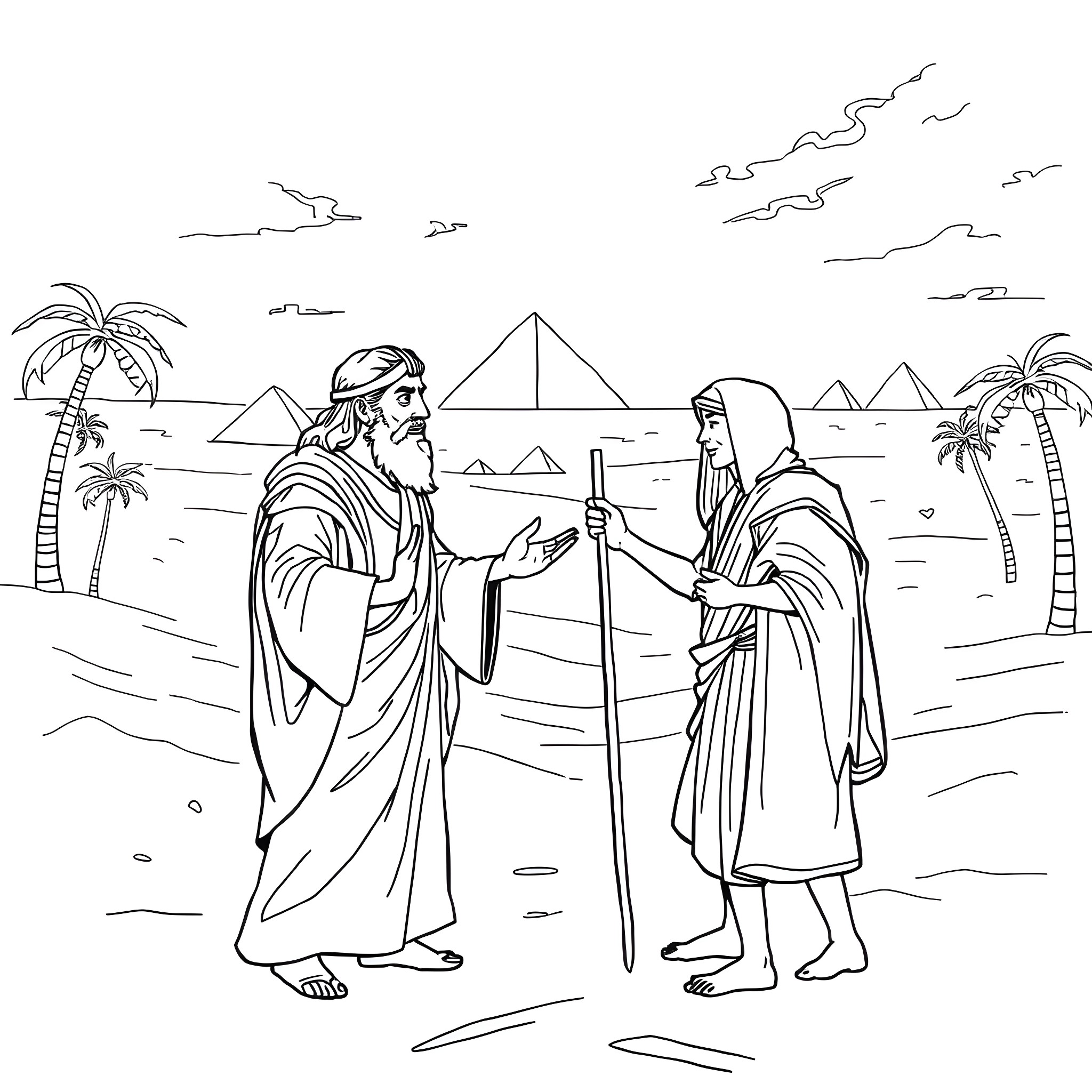 Moses and Joshua in the Wilderness Coloring Page (free black-and-white line drawing printable PDF for all, from beginners to advanced learners, including children, teens, adults, and seniors)