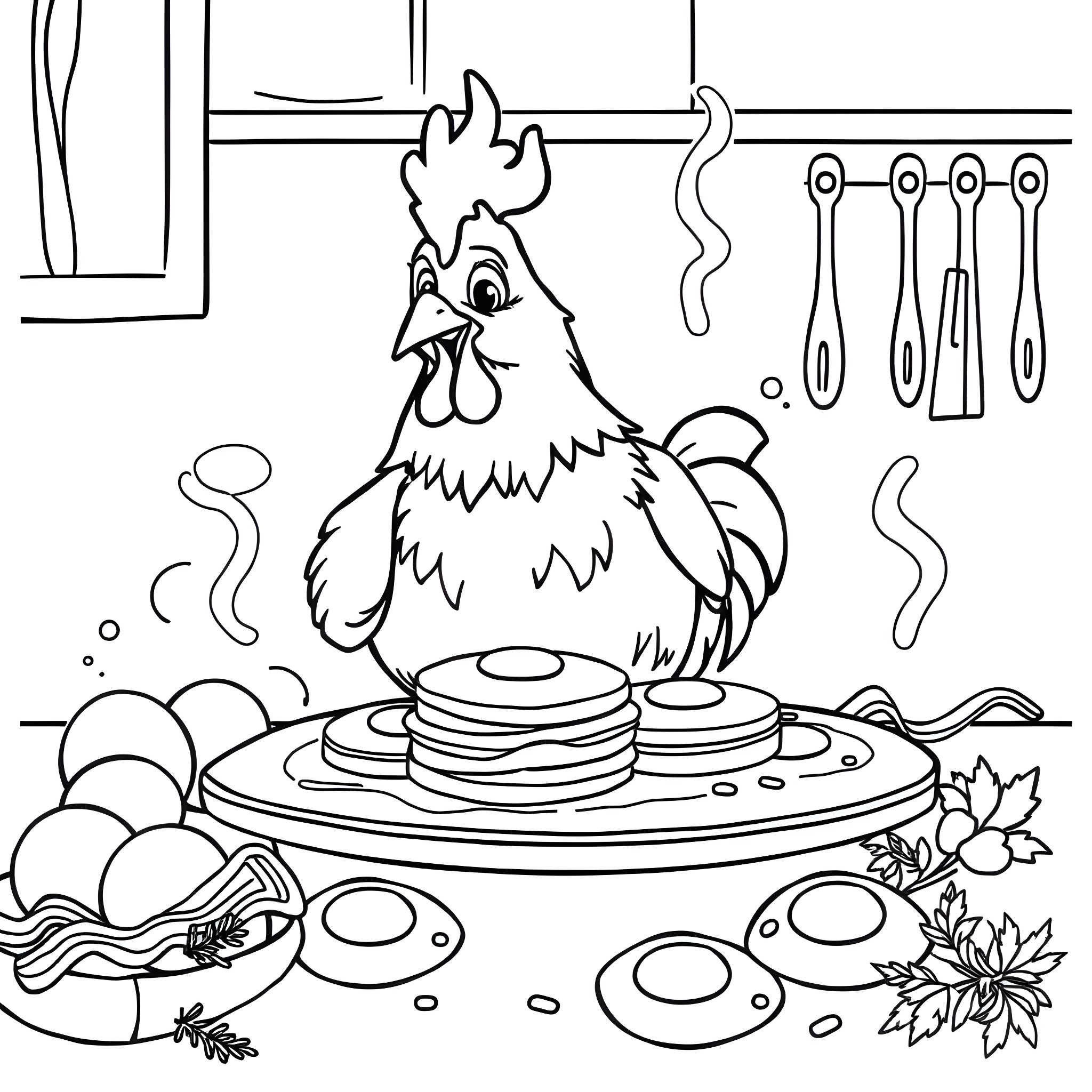 Chicken cooking delicious food in the kitchen Coloring Page (free black-and-white line drawing printable PDF for all, from beginners to advanced learners, including children, teens, adults, and seniors)