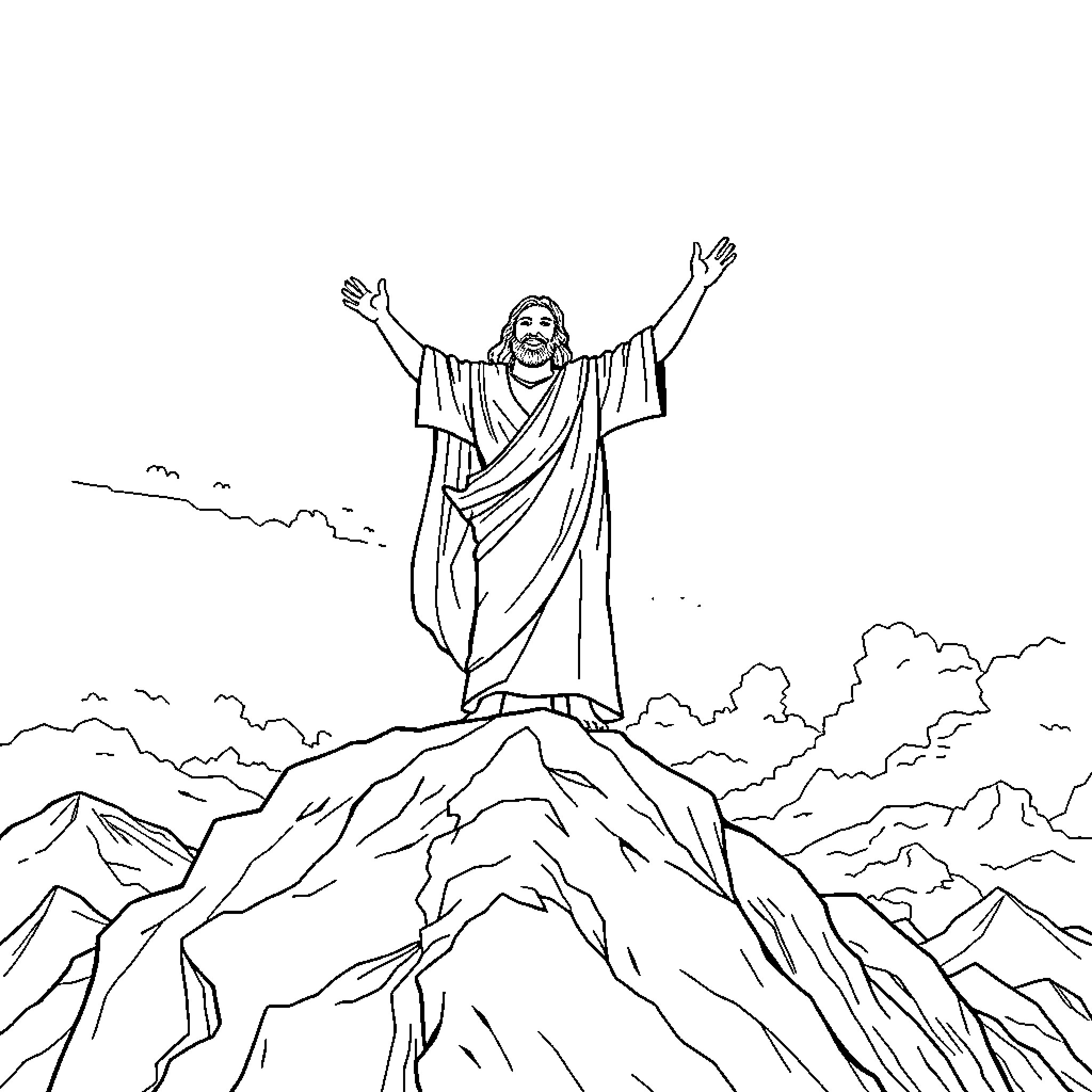 Moses proclaiming divine message on mountain peak Coloring Page (free black-and-white line drawing printable PDF for all, from beginners to advanced learners, including children, teens, adults, and seniors)