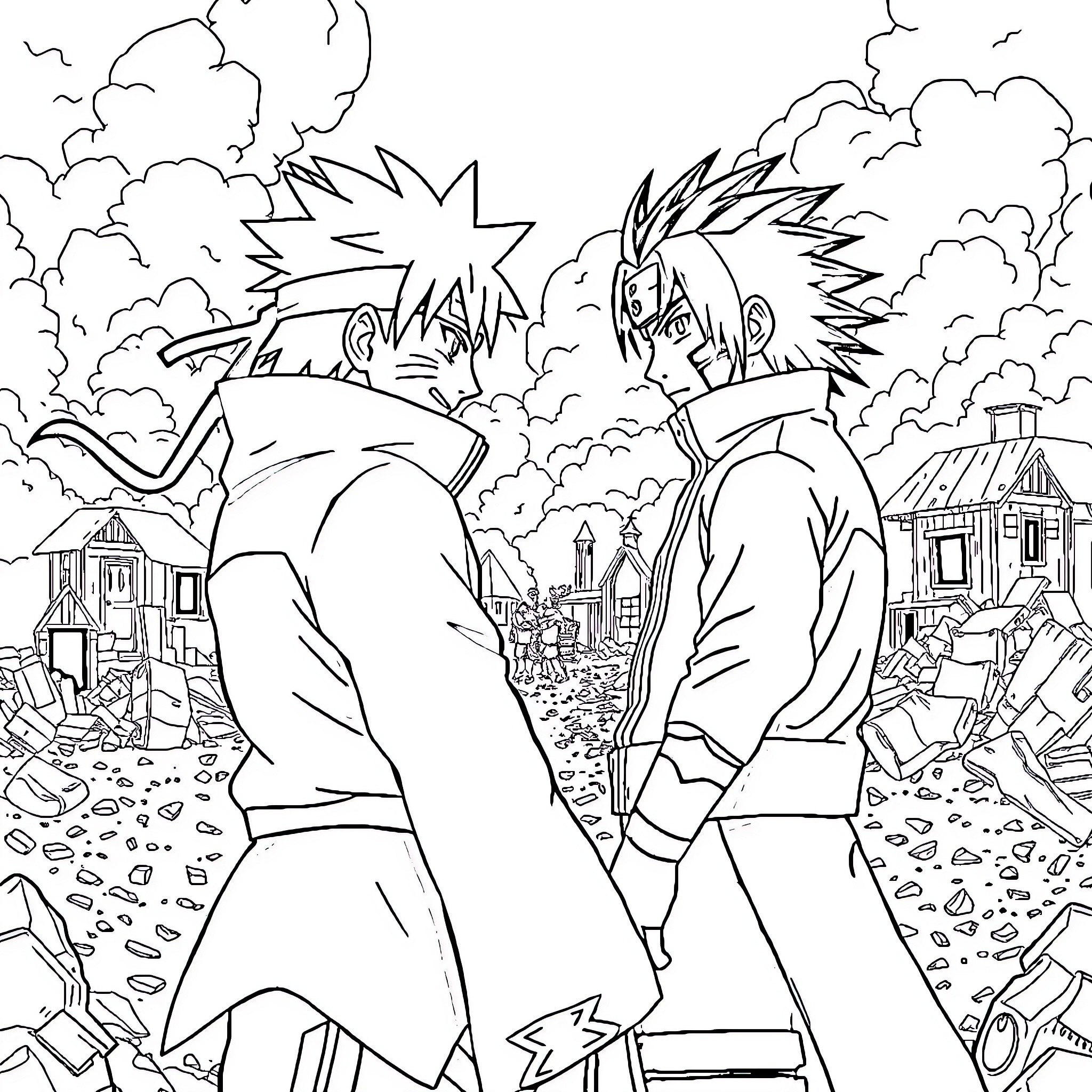 Naruto Characters in Action-Packed Scene Coloring Page (free black-and-white line drawing printable PDF for all, from beginners to advanced learners, including children, teens, adults, and seniors)