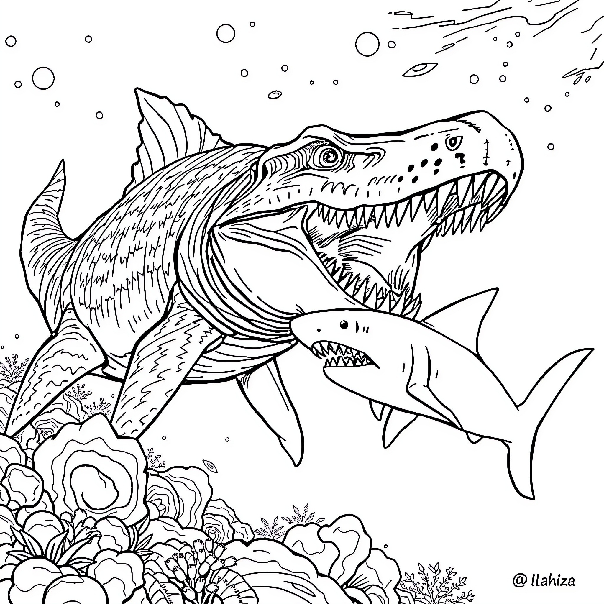 Mosasaurus and Shark Ferociously Attacking in Underwater Scene Coloring Page (free black-and-white line drawing printable PDF for all, from beginners to advanced learners, including children, teens, adults, and seniors)