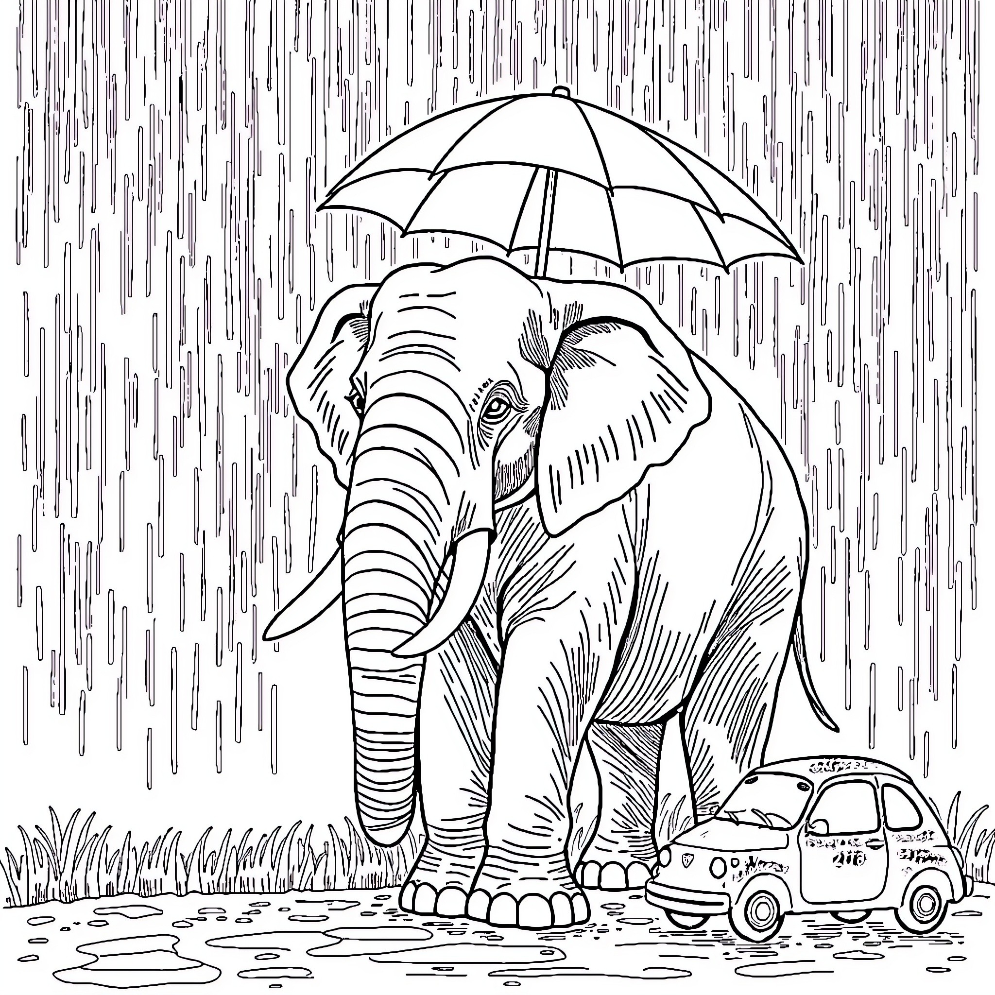 Elephant sheltering from heavy rain under umbrella Coloring Page (free black-and-white line drawing printable PDF for all, from beginners to advanced learners, including children, teens, adults, and seniors)