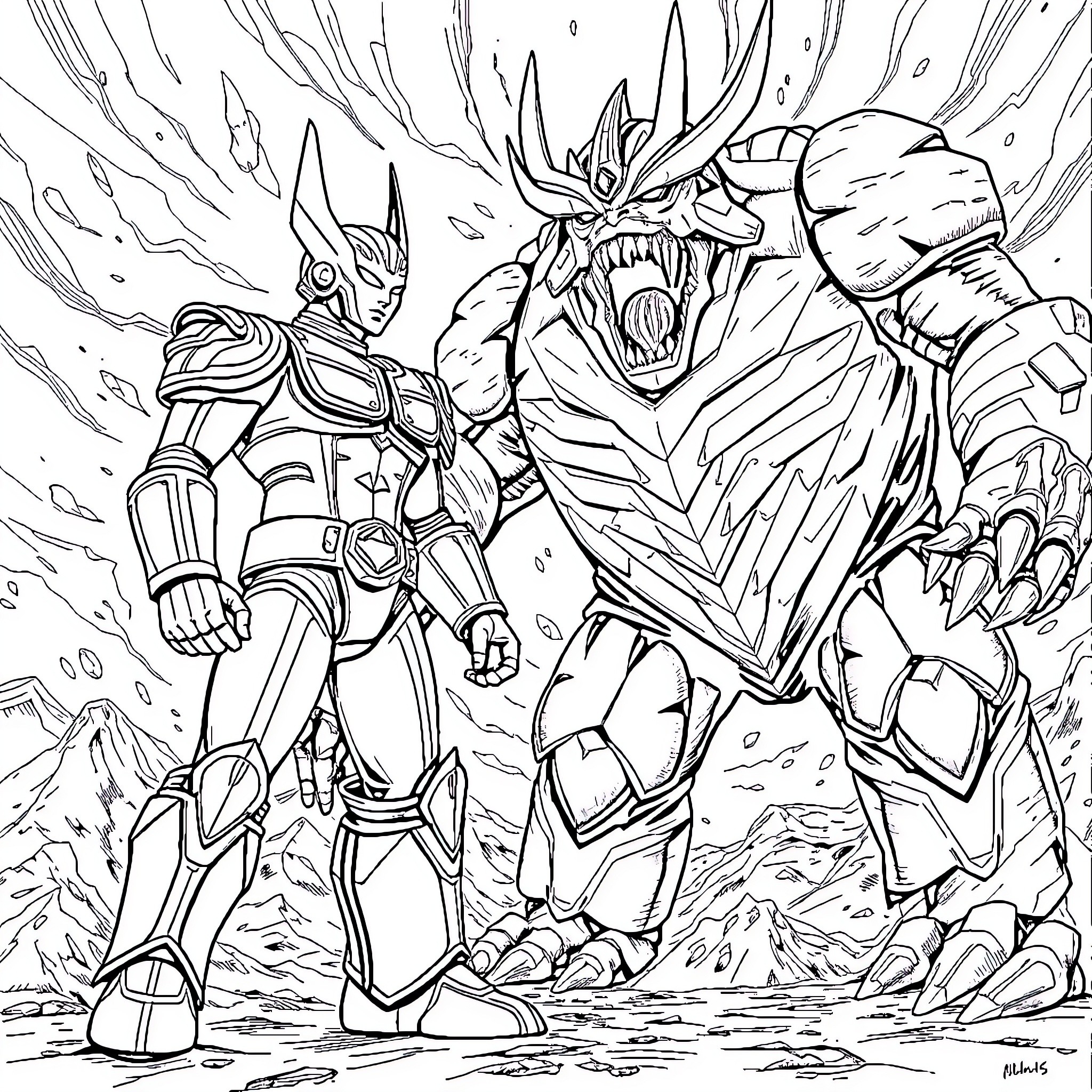 Ultraman battling a powerful monstrous creature Coloring Page (free black-and-white line drawing printable PDF for all, from beginners to advanced learners, including children, teens, adults, and seniors)