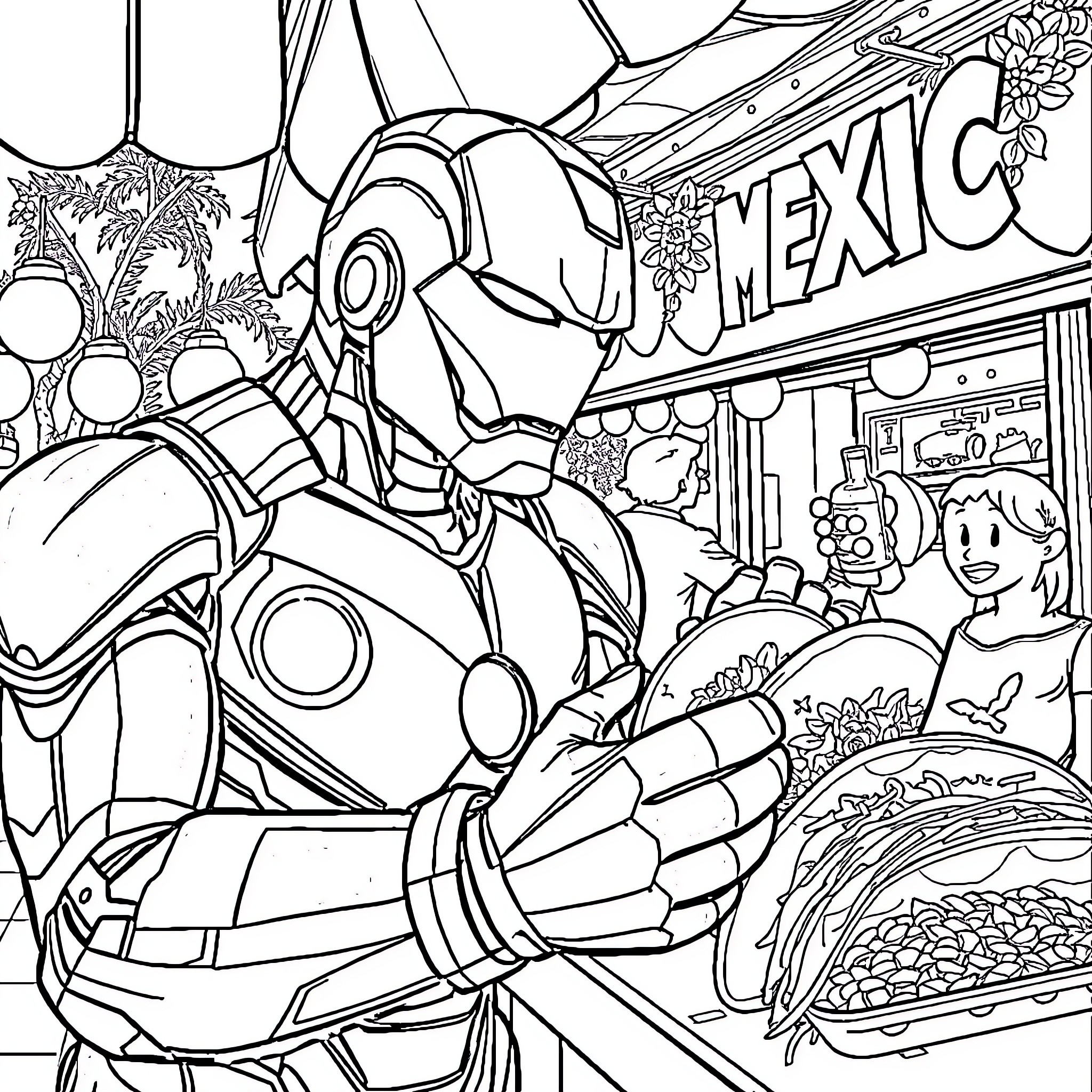Iron Man exploring colorful Mexican market Coloring Page (free black-and-white line drawing printable PDF for all, from beginners to advanced learners, including children, teens, adults, and seniors)
