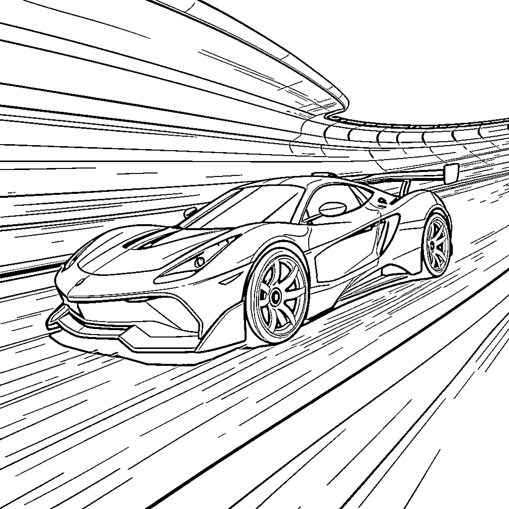 Hot Wheel race car speeding on track Coloring Page (free black-and-white line drawing printable PDF for all, from beginners to advanced learners, including children, teens, adults, and seniors)