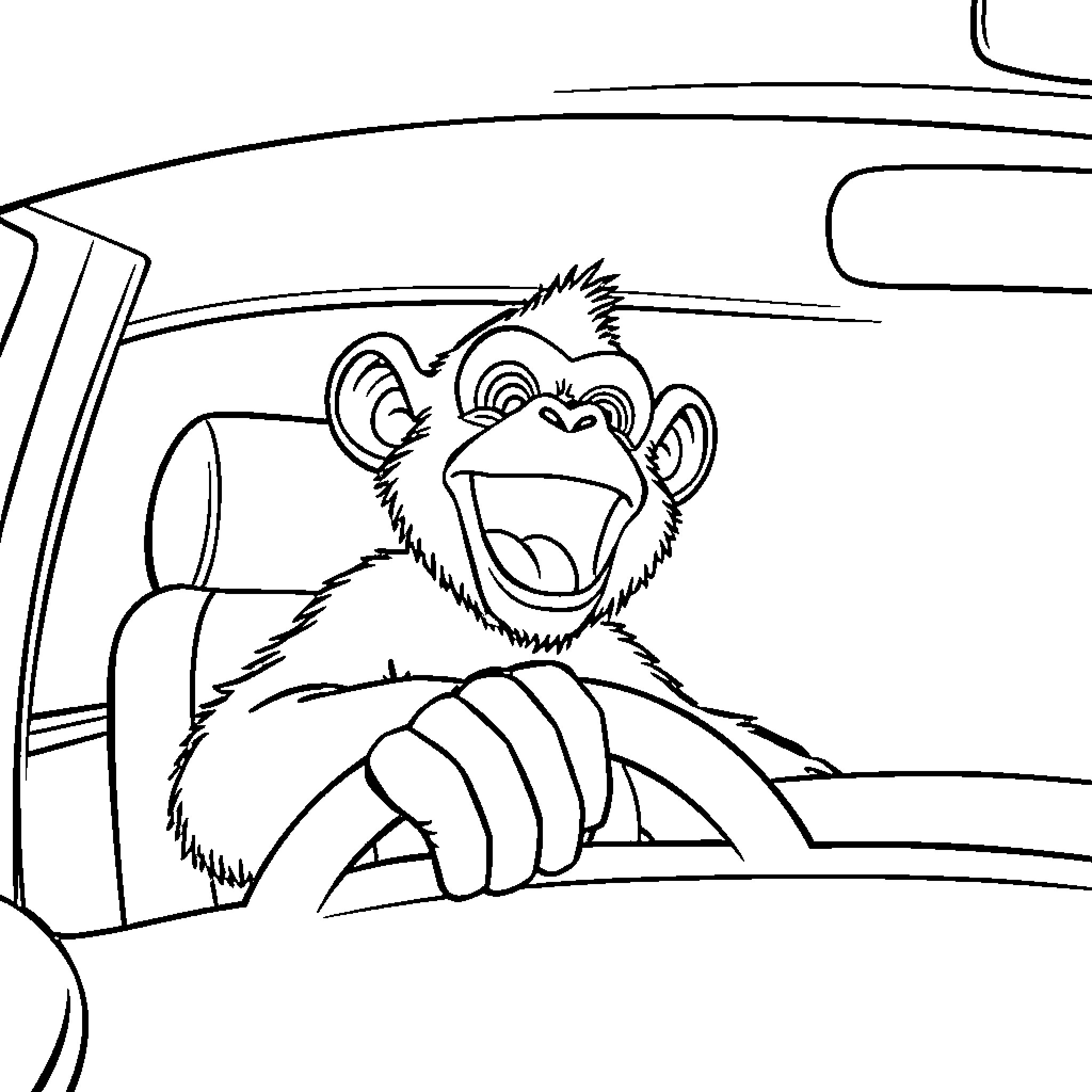 Monkey driving a car with joy Coloring Page (free black-and-white line drawing printable PDF for all, from beginners to advanced learners, including children, teens, adults, and seniors)