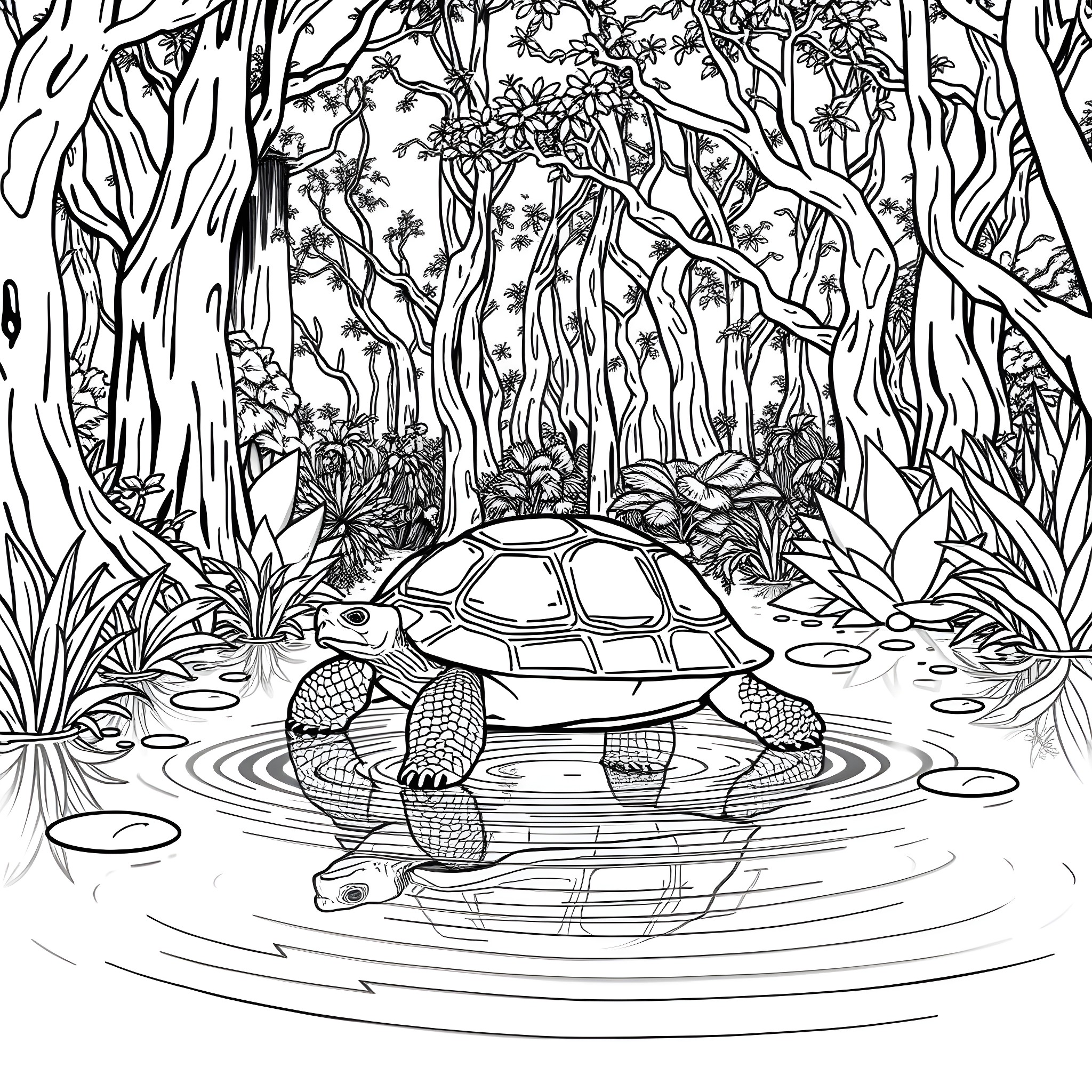 Tortoise resting peacefully in a lush forest pond Coloring Page (free black-and-white line drawing printable PDF for all, from beginners to advanced learners, including children, teens, adults, and seniors)