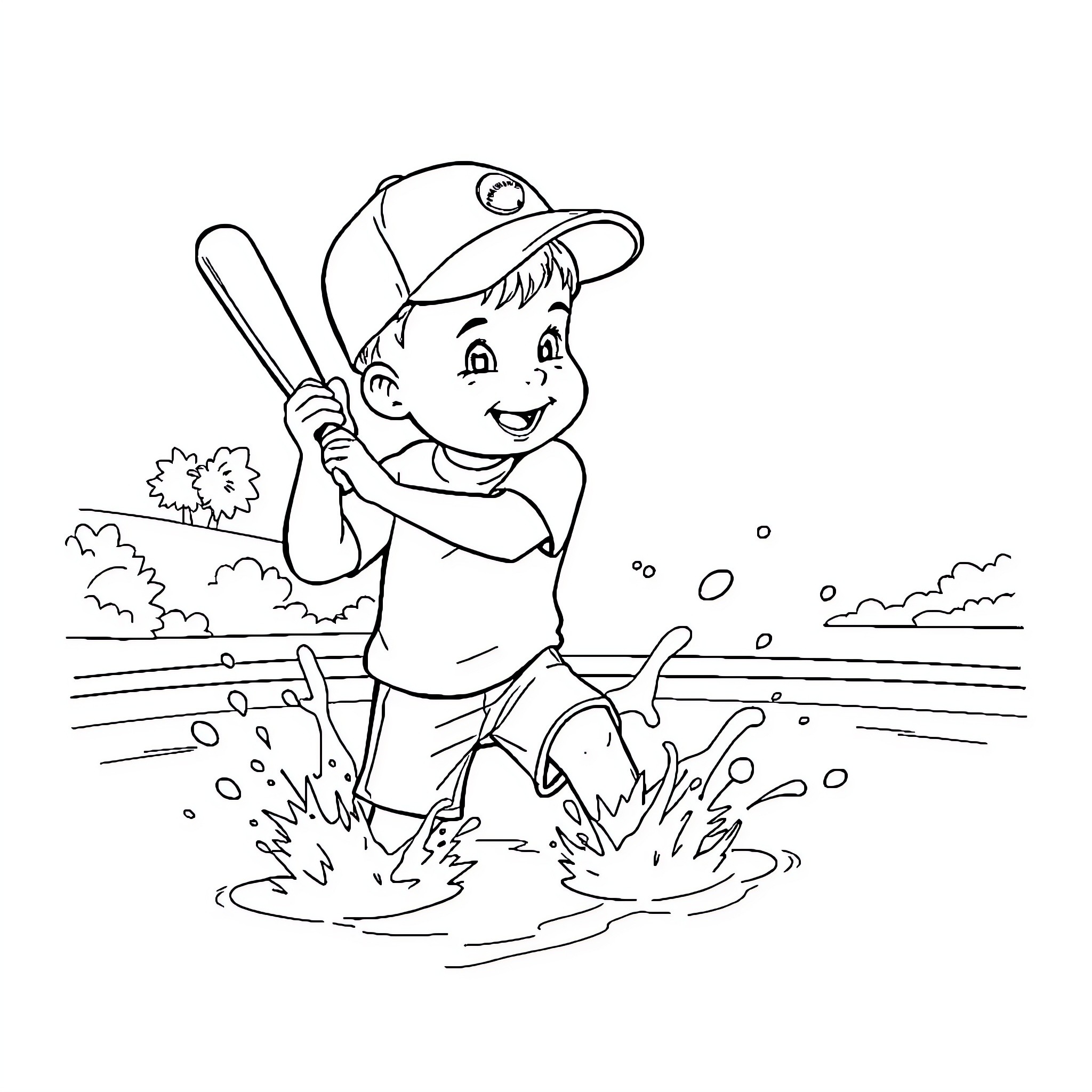 Child playing joyfully with baseball bat Coloring Page (free black-and-white line drawing printable PDF for all, from beginners to advanced learners, including children, teens, adults, and seniors)