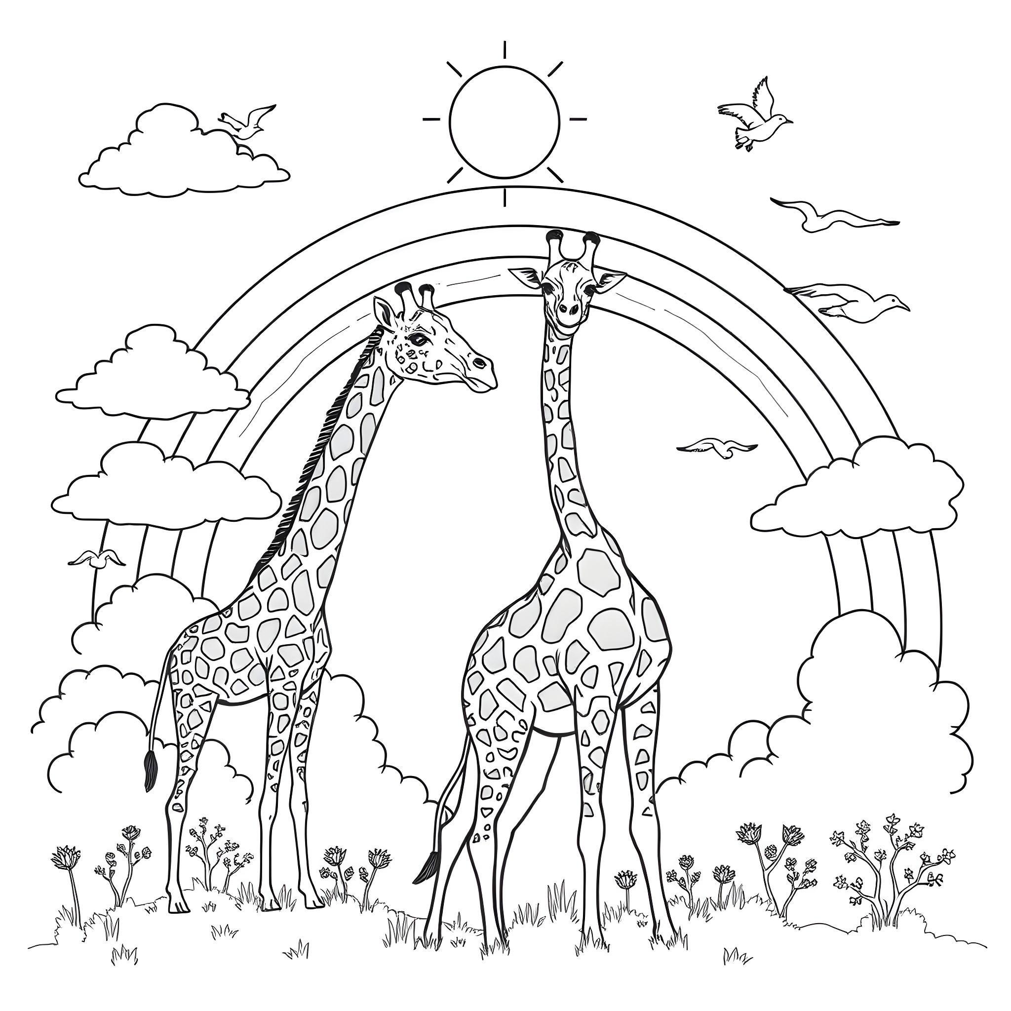 Giraffes enjoying a sunny day under a rainbow Coloring Page (free black-and-white line drawing printable PDF for all, from beginners to advanced learners, including children, teens, adults, and seniors)