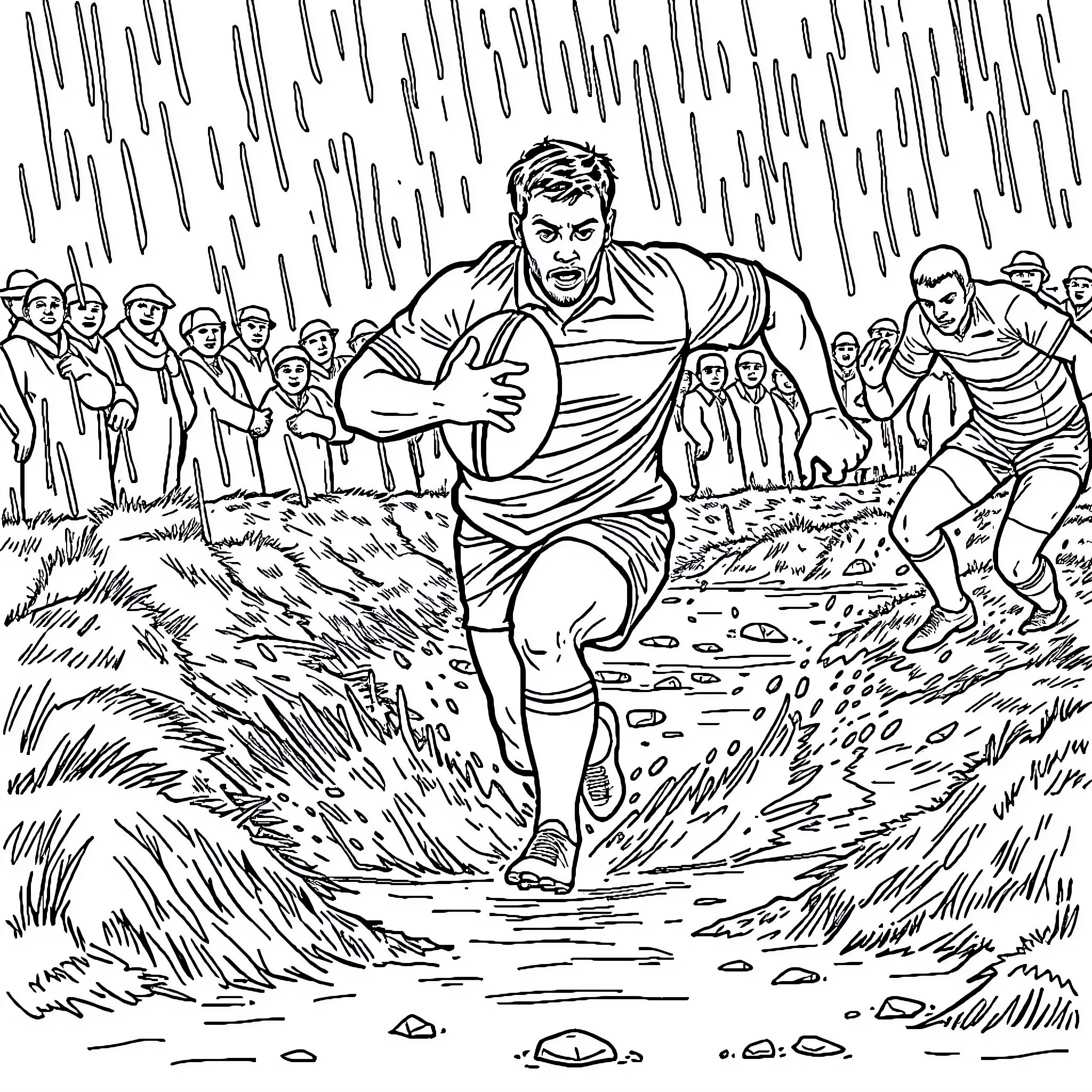 Rugby Player Running with Ball on Field Coloring Page (free black-and-white line drawing printable PDF for all, from beginners to advanced learners, including children, teens, adults, and seniors)