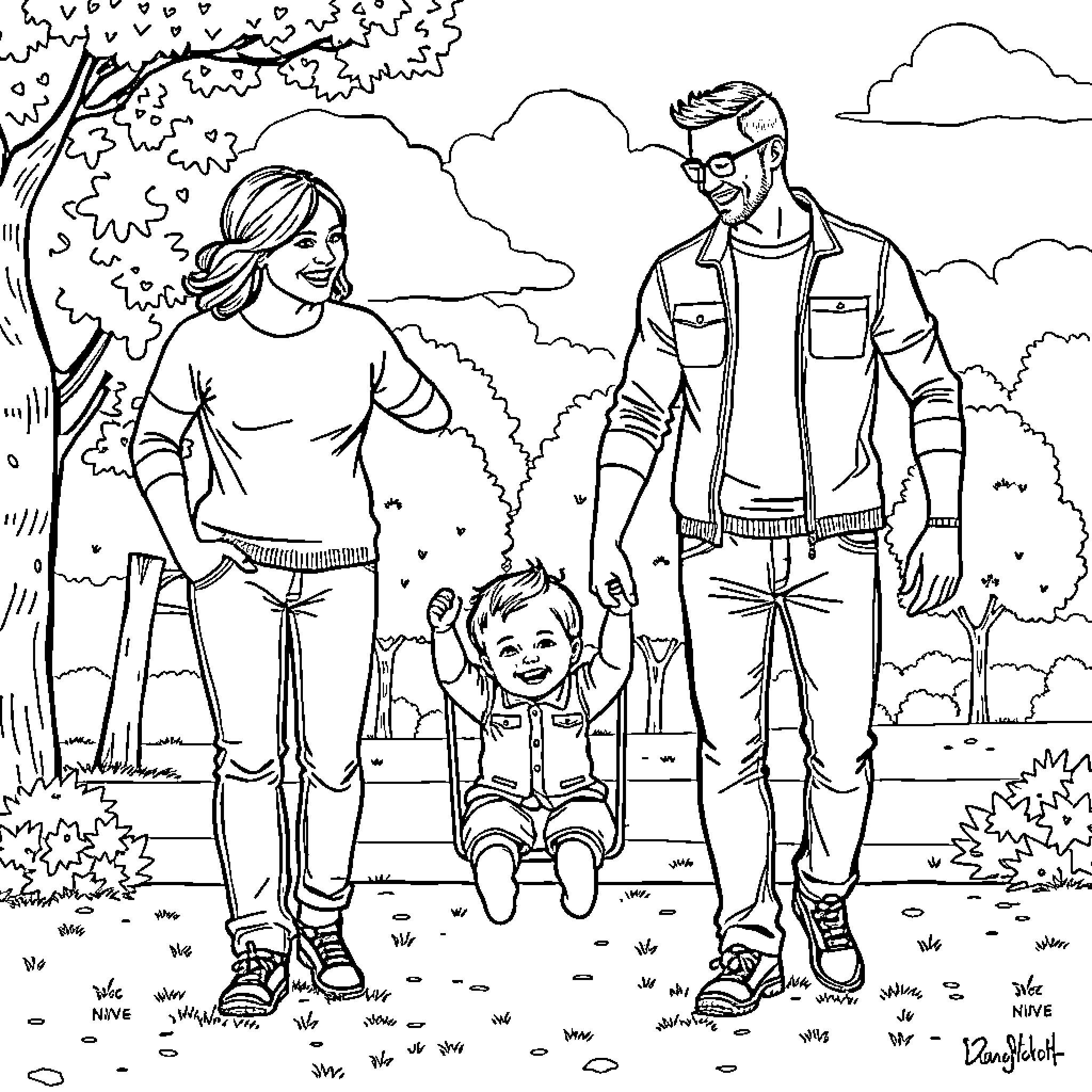 Dad and family enjoy outdoor activities together Coloring Page (free black-and-white line drawing printable PDF for all, from beginners to advanced learners, including children, teens, adults, and seniors)