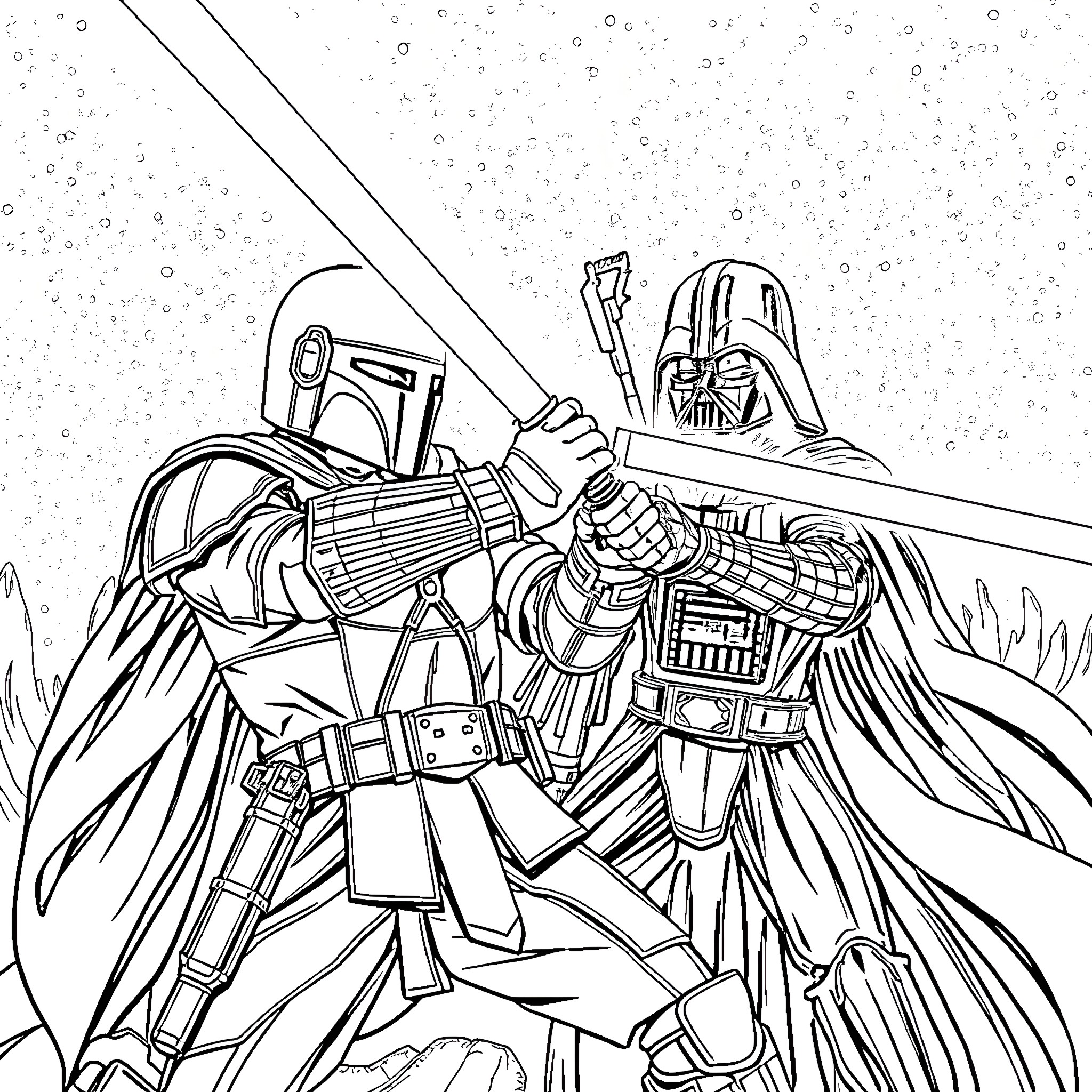 Mandalorian warriors in fierce battle Coloring Page (free black-and-white line drawing printable PDF for all, from beginners to advanced learners, including children, teens, adults, and seniors)