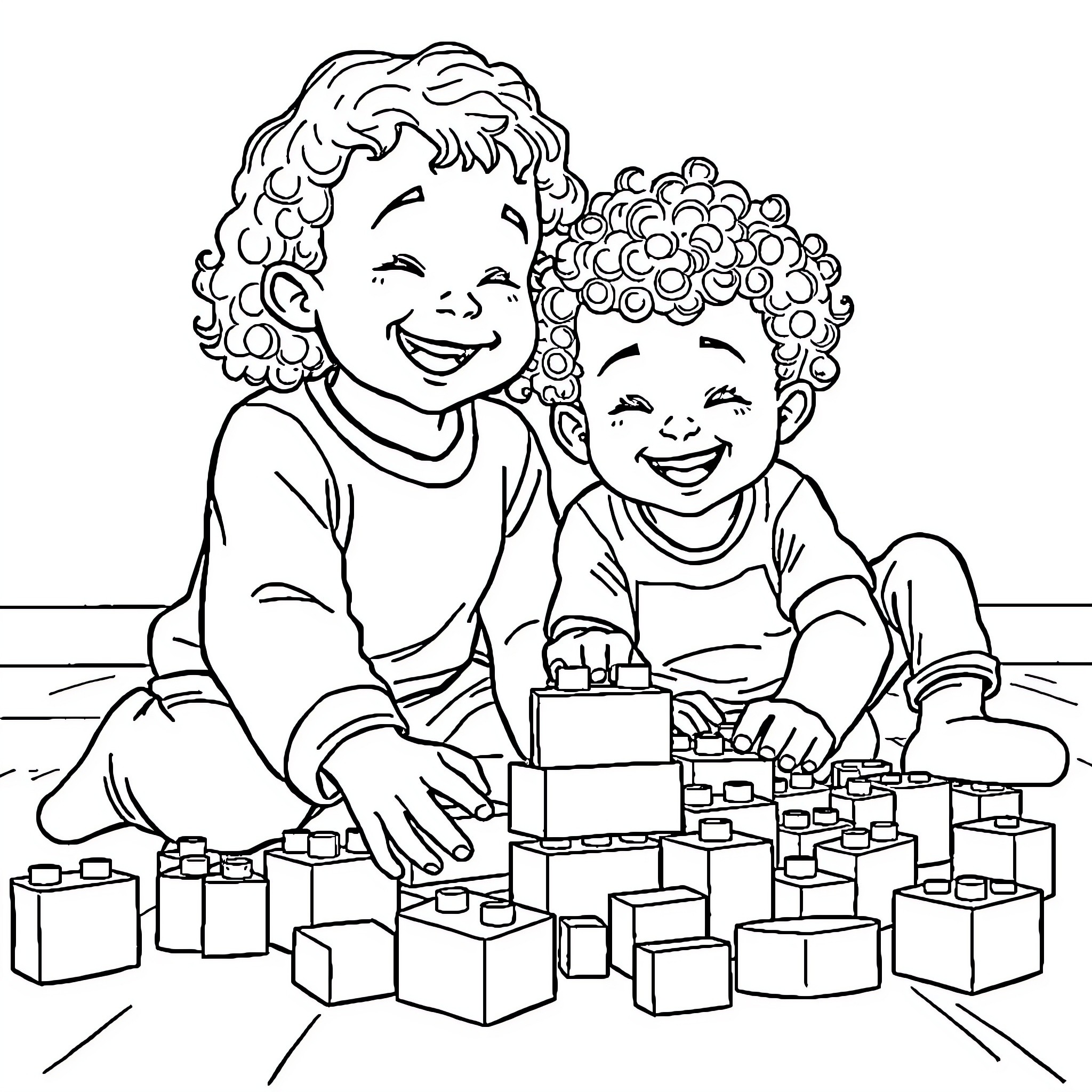 Children playing happily with toys Coloring Page (free black-and-white line drawing printable PDF for all, from beginners to advanced learners, including children, teens, adults, and seniors)