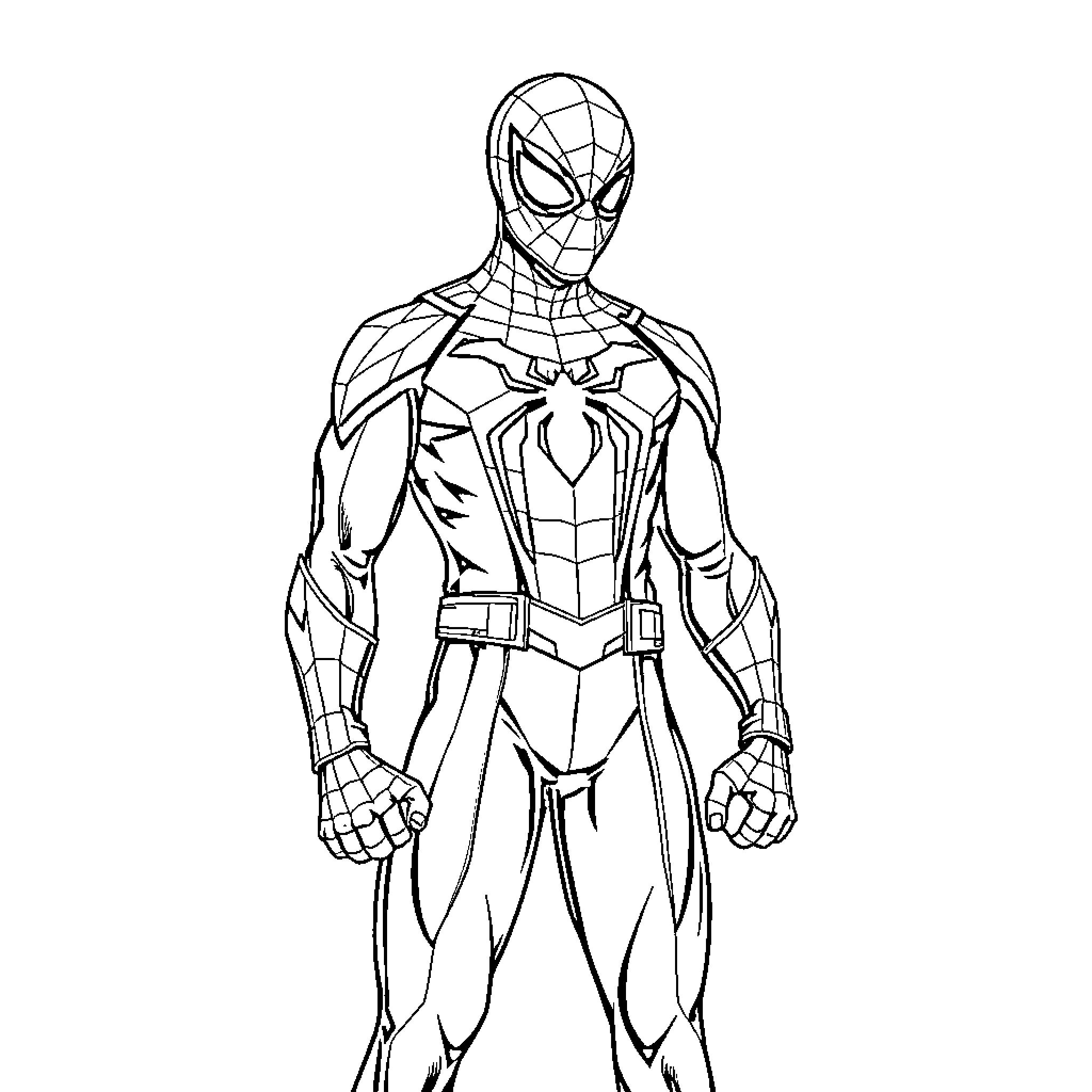 Spider-Man in heroic pose with iconic costume Coloring Page (free black-and-white line drawing printable PDF for all, from beginners to advanced learners, including children, teens, adults, and seniors)