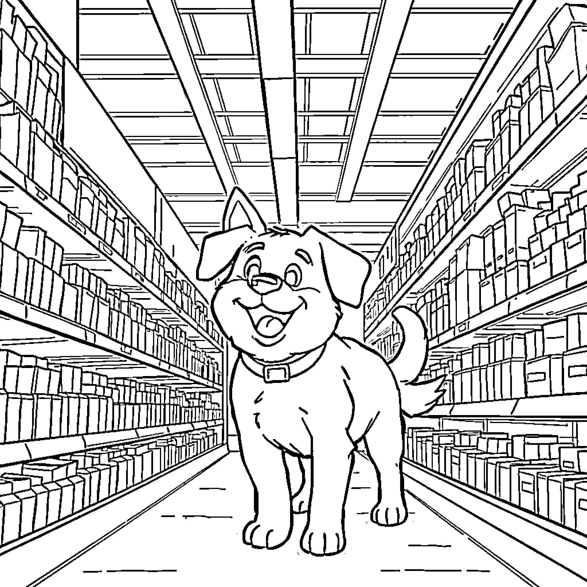 Bluey explores the library with joy and curiosity Coloring Page (free black-and-white line drawing printable PDF for all, from beginners to advanced learners, including children, teens, adults, and seniors)