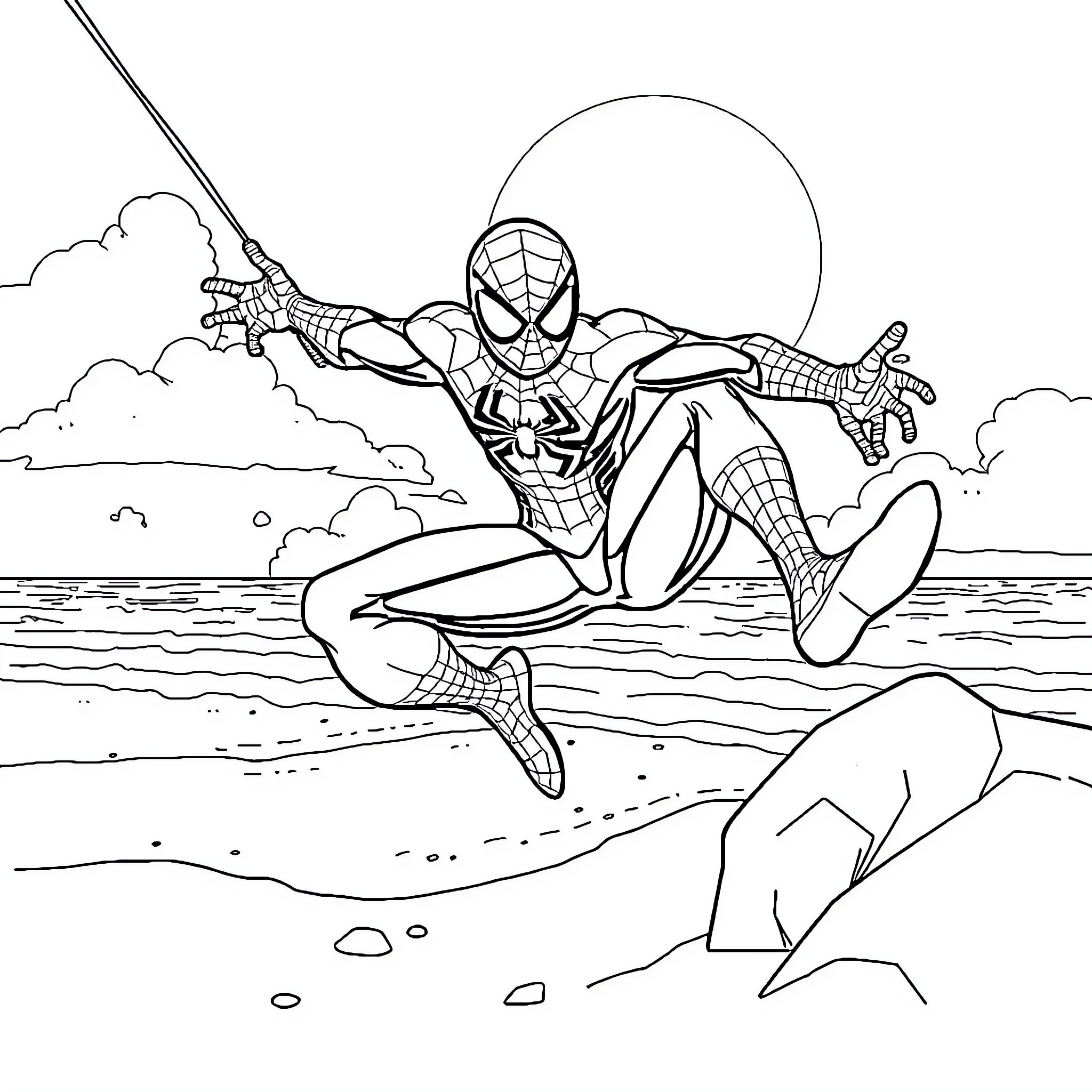 Spiderman swinging over water in heroic pose Coloring Page (free black-and-white line drawing printable PDF for all, from beginners to advanced learners, including children, teens, adults, and seniors)