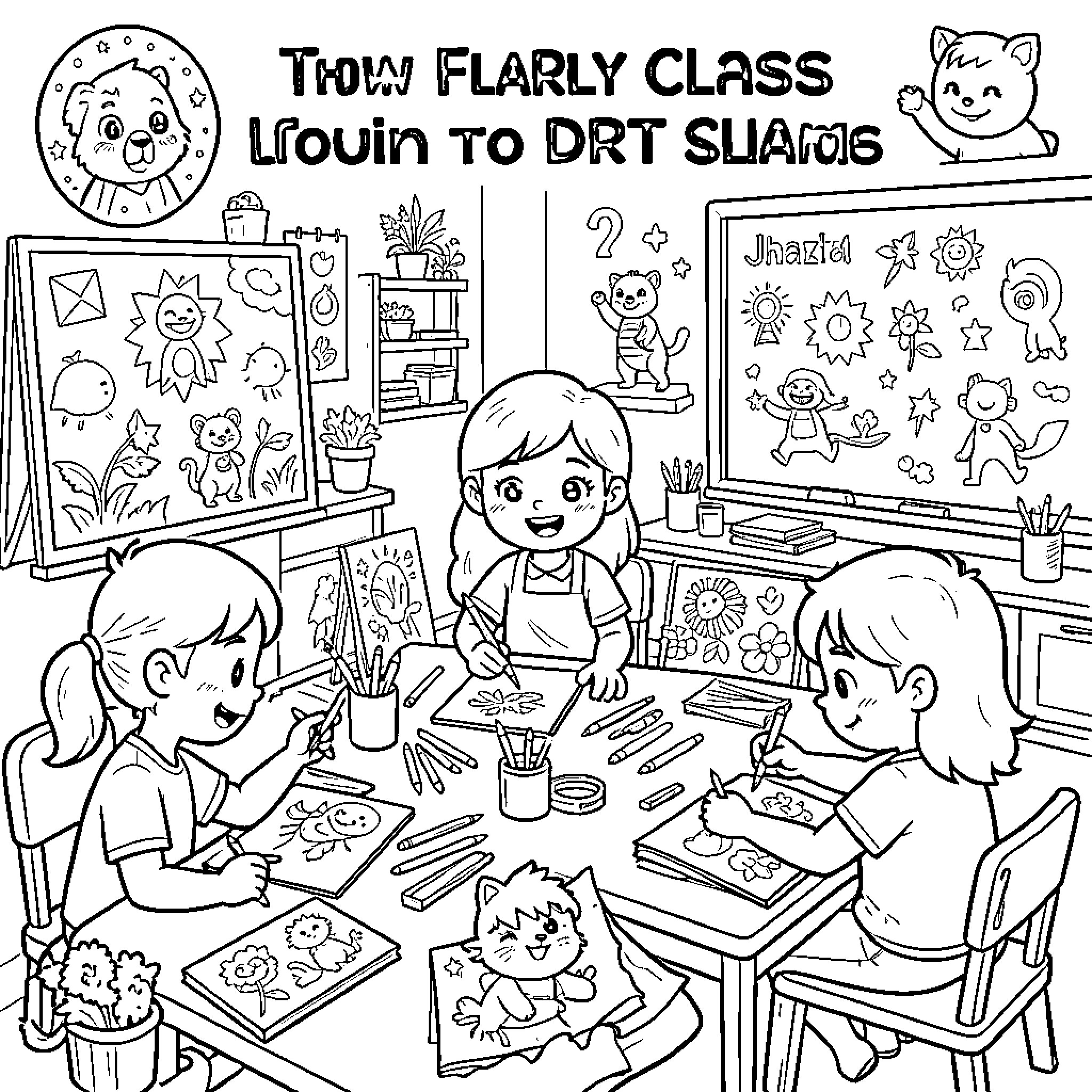 Drawing of children's art class with creative activities Coloring Page (free black-and-white line drawing printable PDF for all, from beginners to advanced learners, including children, teens, adults, and seniors)