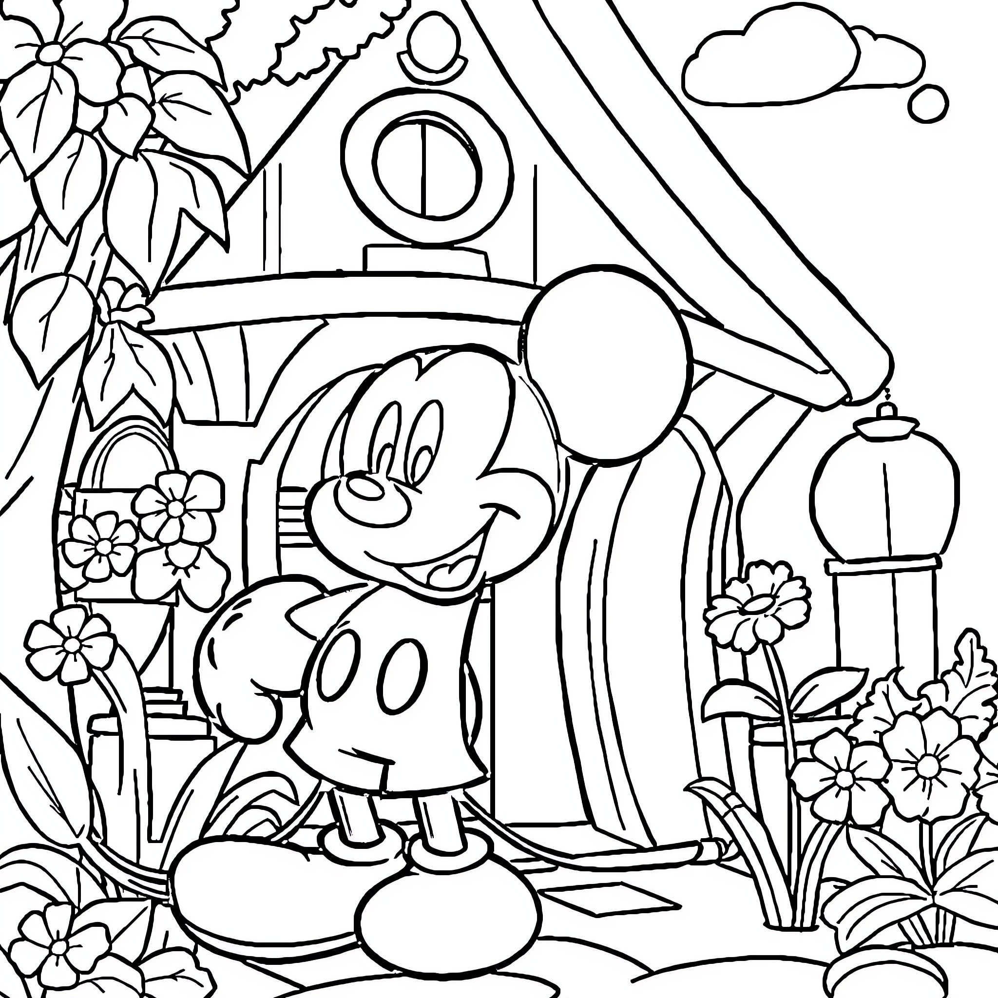 Mickey's Whimsical Garden Adventure Coloring Page (free black-and-white line drawing printable PDF for all, from beginners to advanced learners, including children, teens, adults, and seniors)