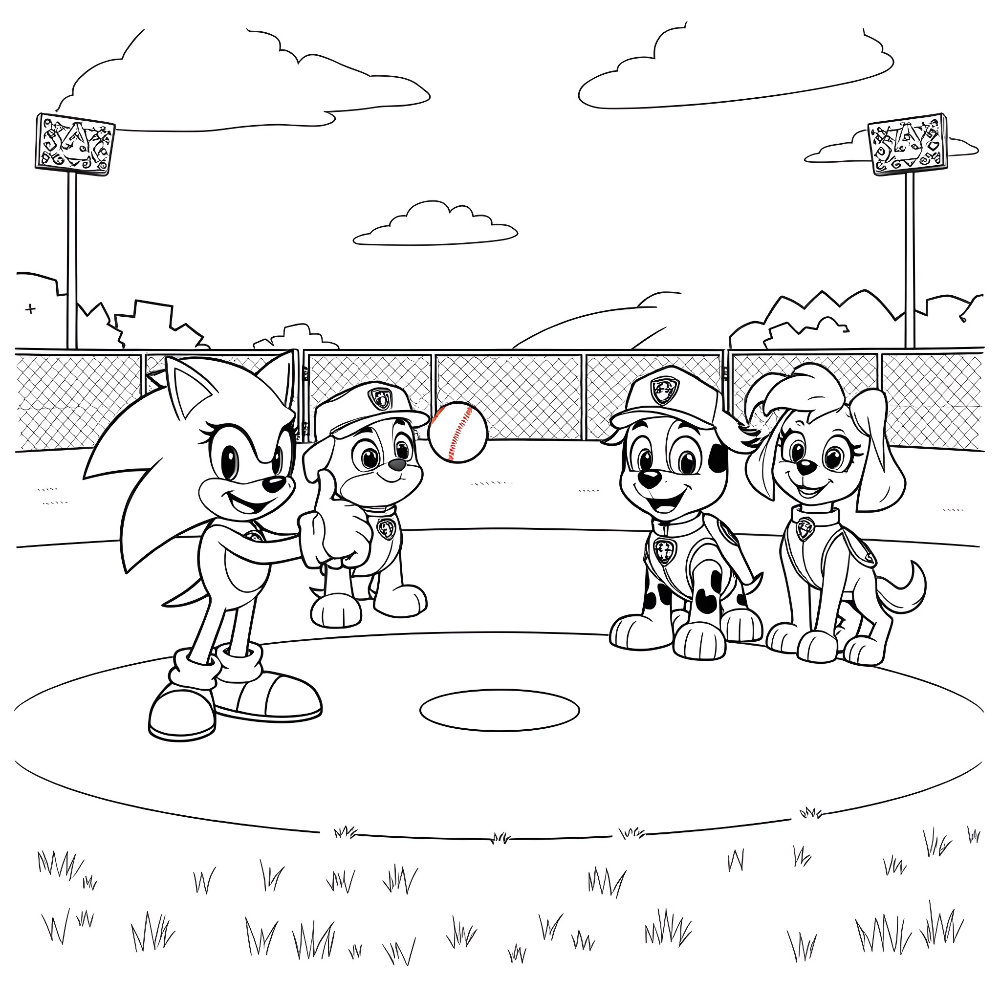Sonic characters playing in the park Coloring Page (free black-and-white line drawing printable PDF for all, from beginners to advanced learners, including children, teens, adults, and seniors)