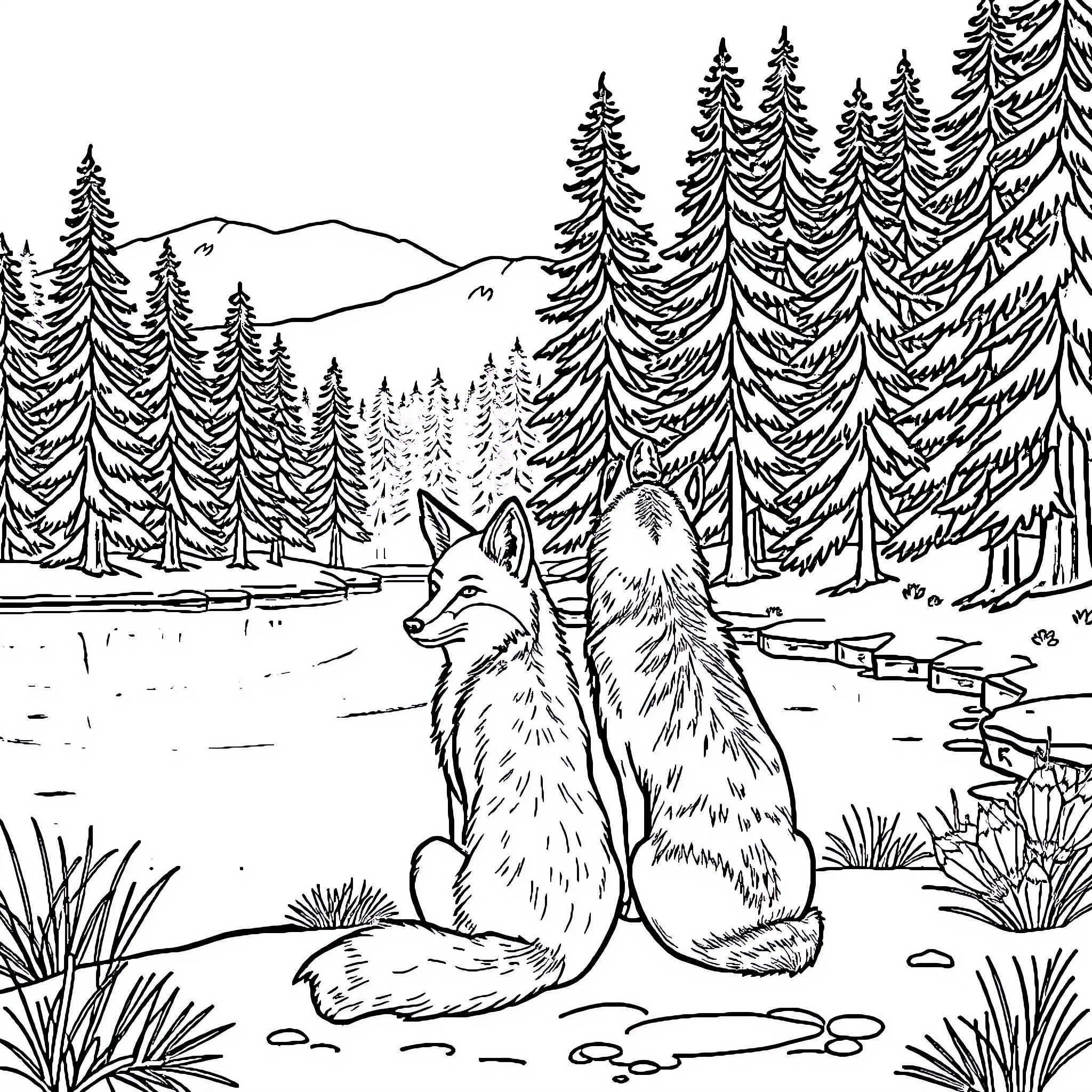 Fox companions in a winter forest landscape Coloring Page (free black-and-white line drawing printable PDF for all, from beginners to advanced learners, including children, teens, adults, and seniors)