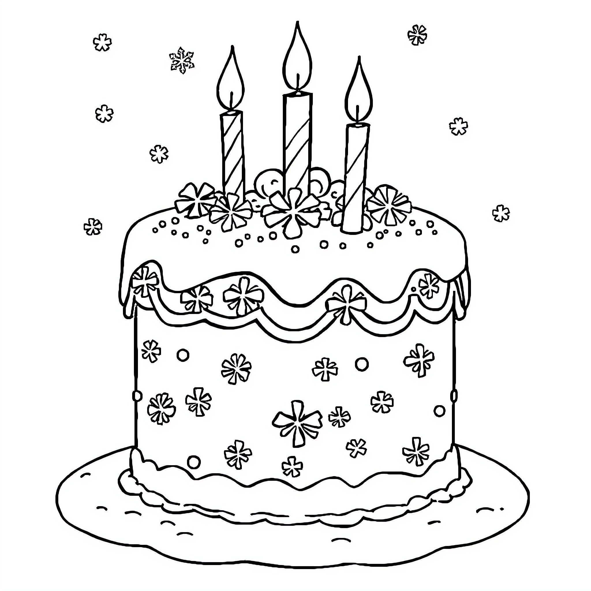 Cake with Lit Candles and Floral Decorations Coloring Page (free black-and-white line drawing printable PDF for all, from beginners to advanced learners, including children, teens, adults, and seniors)