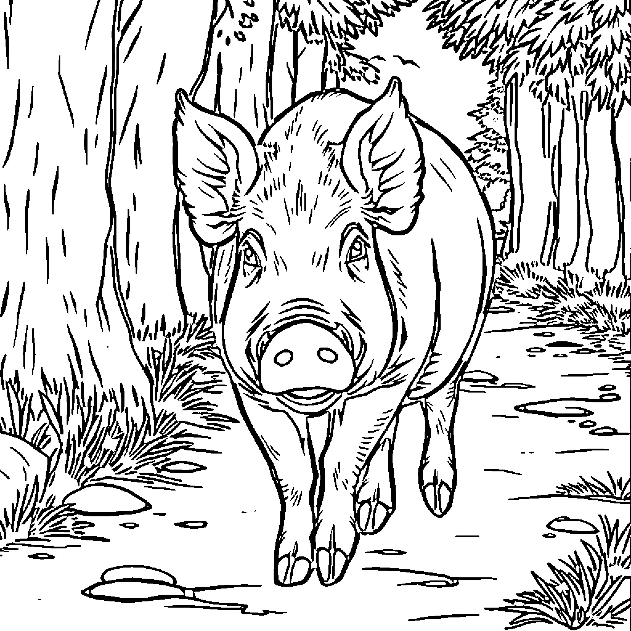 Porco exploring the forest Coloring Page (free black-and-white line drawing printable PDF for all, from beginners to advanced learners, including children, teens, adults, and seniors)