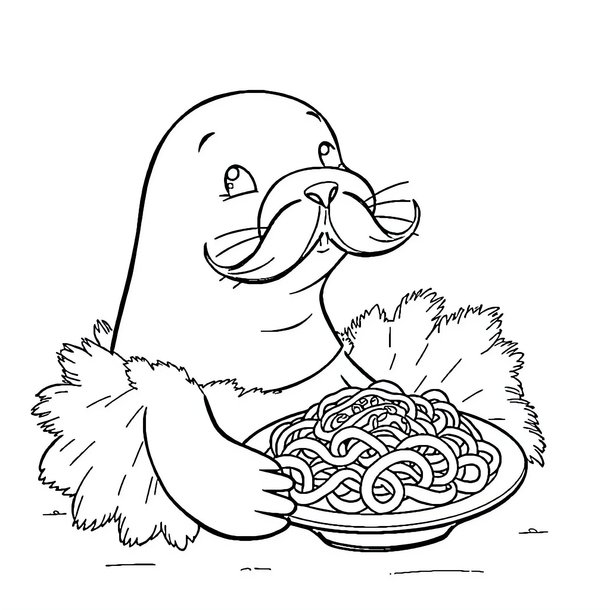 Seal enjoying a bowl of noodles Coloring Page (free black-and-white line drawing printable PDF for all, from beginners to advanced learners, including children, teens, adults, and seniors)